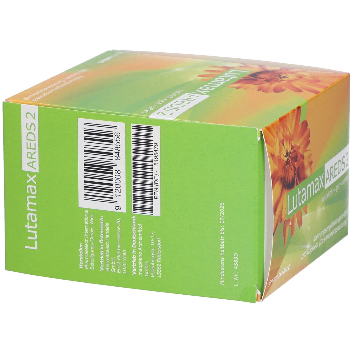Rückseite der Lutamax AREDS 2 Verpackung. Grün mit Barcode, Herstellerinformationen und Haltbarkeitsdatum.