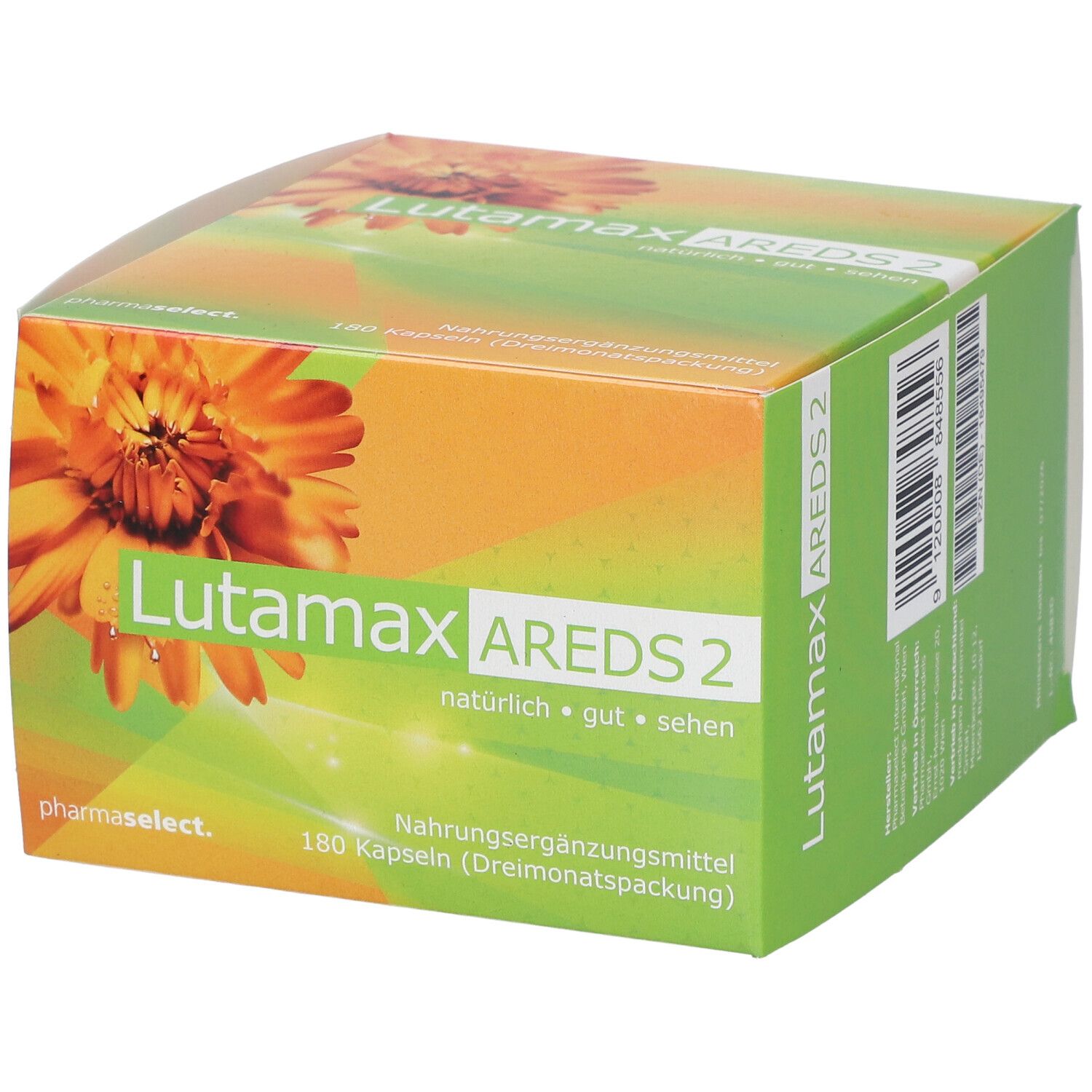 Lutamax AREDS 2 Verpackung. Grün-orangefarbene Schachtel mit Produktnamen und floralem Design. 180 Kapseln.