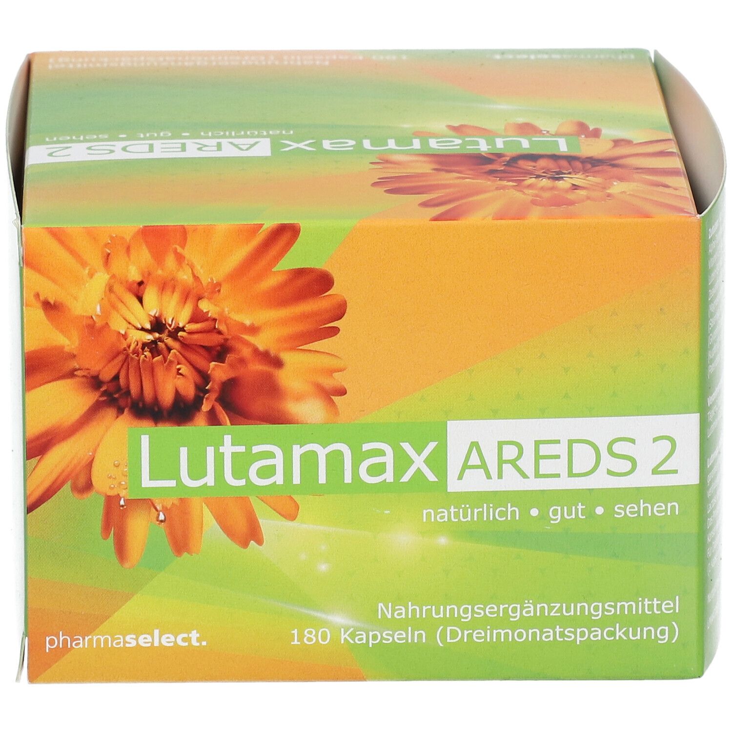 Lutamax AREDS 2 Verpackung. Grün-orangefarbene Schachtel mit Produktnamen und floralem Design. 180 Kapseln.