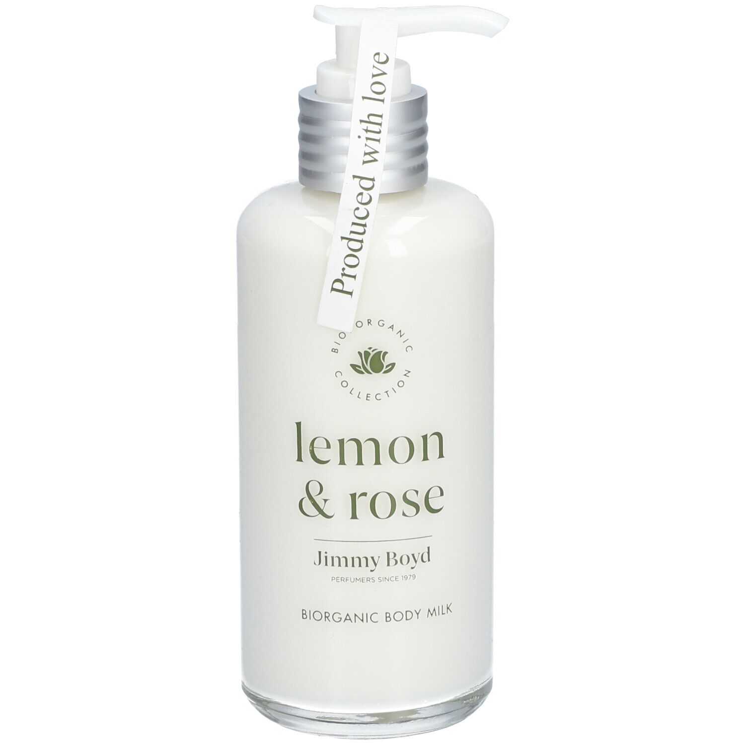 Körperlotion-Flasche mit Pumpe. Aufschrift: Lemon & Rose, Jimmy Boyd. Etikett: Produced with love.