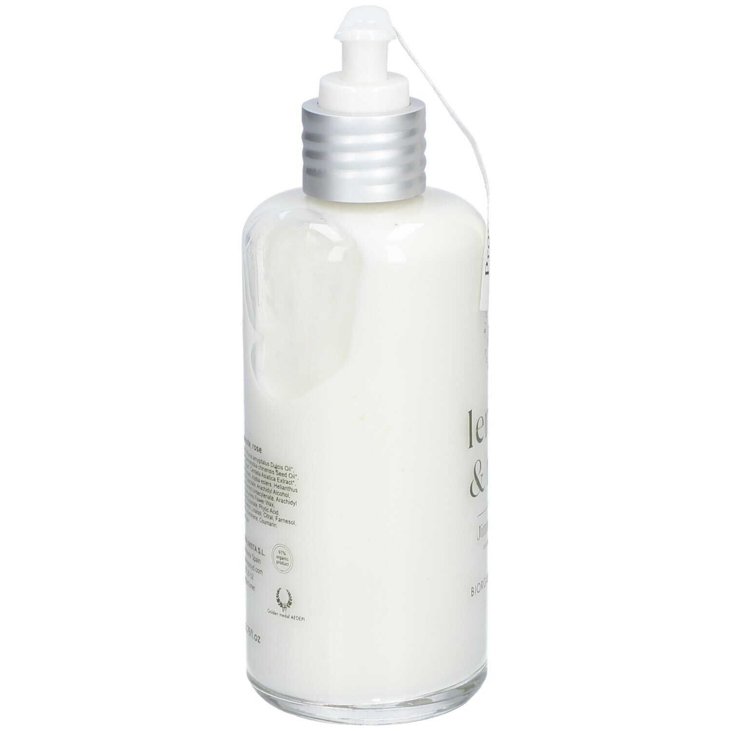 Rückansicht der Körperlotion-Flasche mit Pumpe. Aufschrift: Lemon & Rose. Text auf der Rückseite.