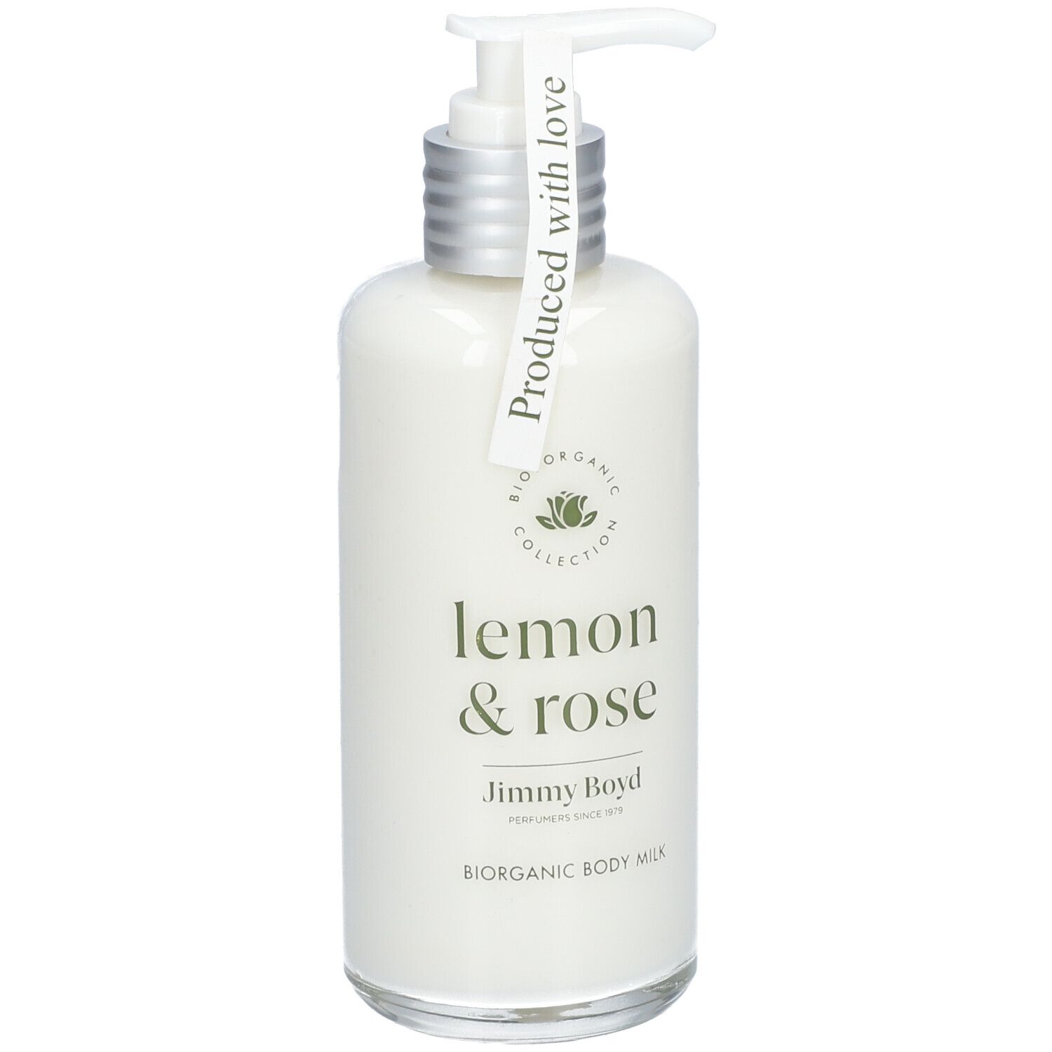 Körperlotion-Flasche mit Pumpe. Aufschrift: Lemon & Rose, Jimmy Boyd. Etikett: Produced with love.