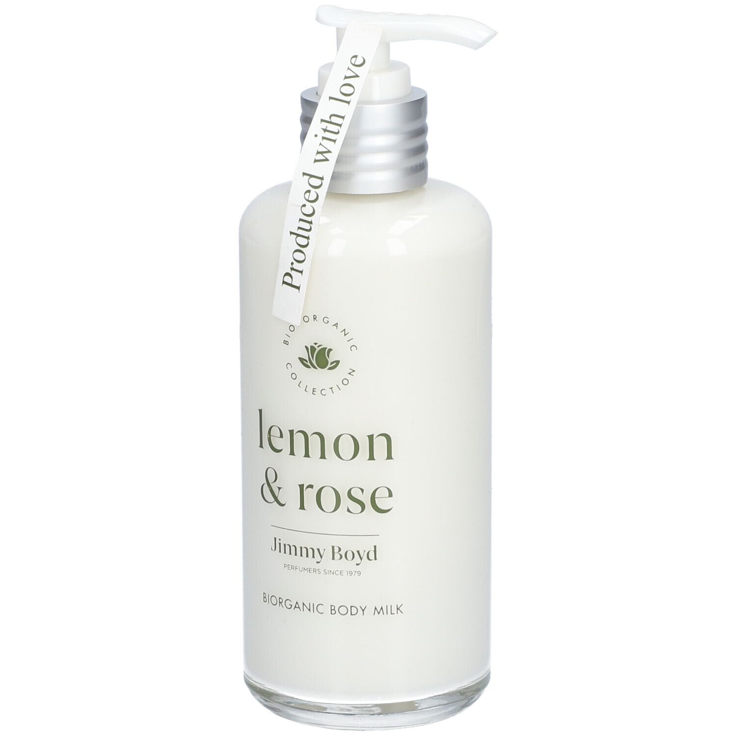 Körperlotion-Flasche mit Pumpe. Aufschrift: Lemon & Rose, Jimmy Boyd. Etikett: Produced with love.