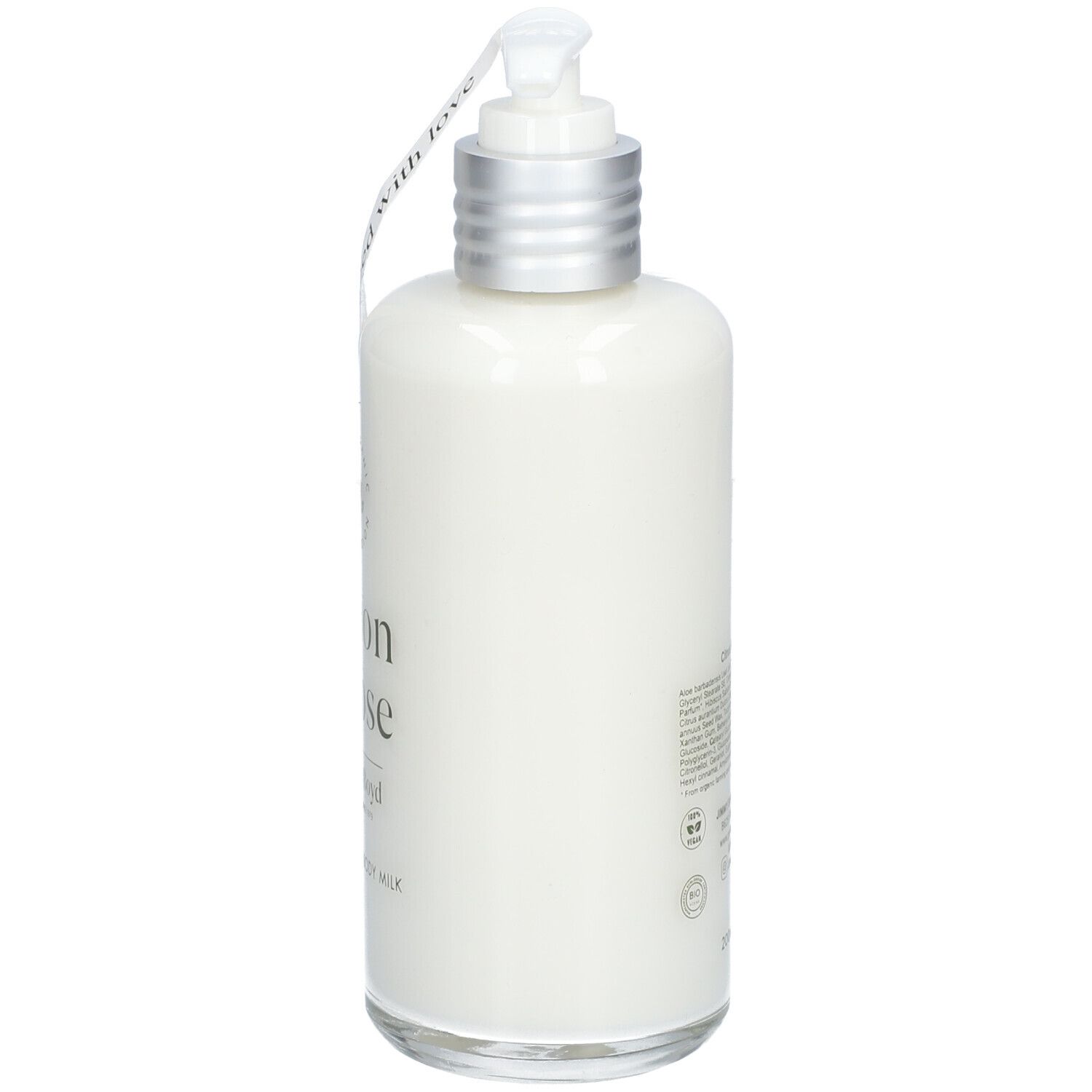 Rückansicht der Körperlotion-Flasche mit Pumpe. Aufschrift: Lemon & Rose. Text auf der Rückseite.