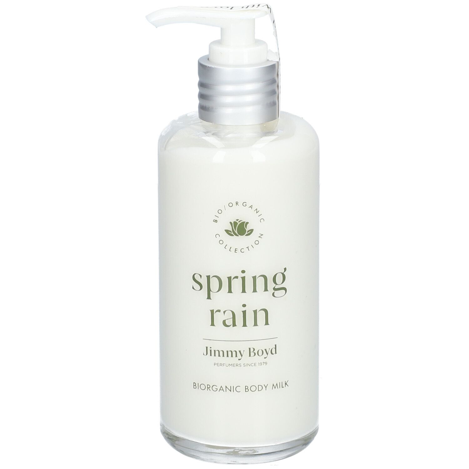 Körperlotion-Flasche mit Pumpverschluss. Aufschrift: "spring rain", "Jimmy Boyd".