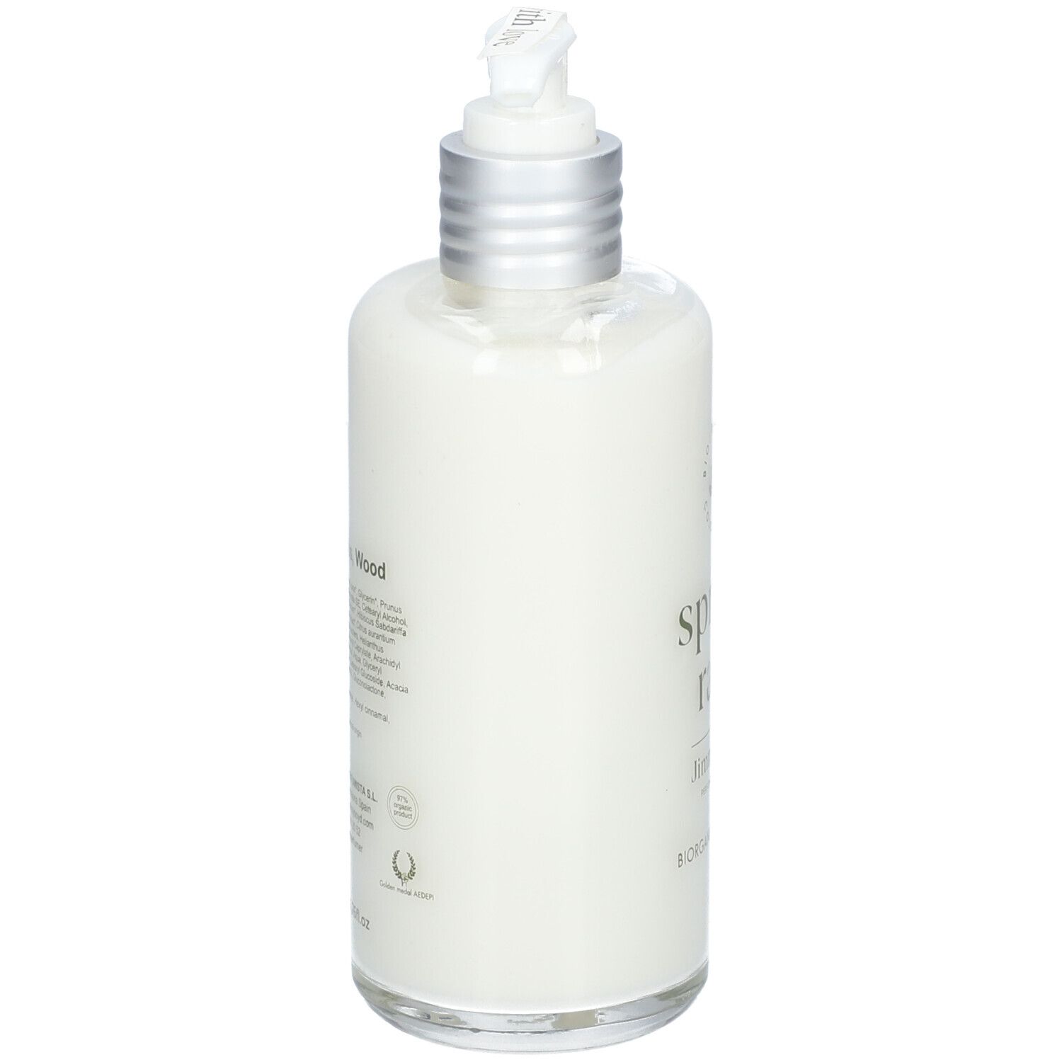 Körperlotion-Flasche, Rückansicht. Text auf Etikett.