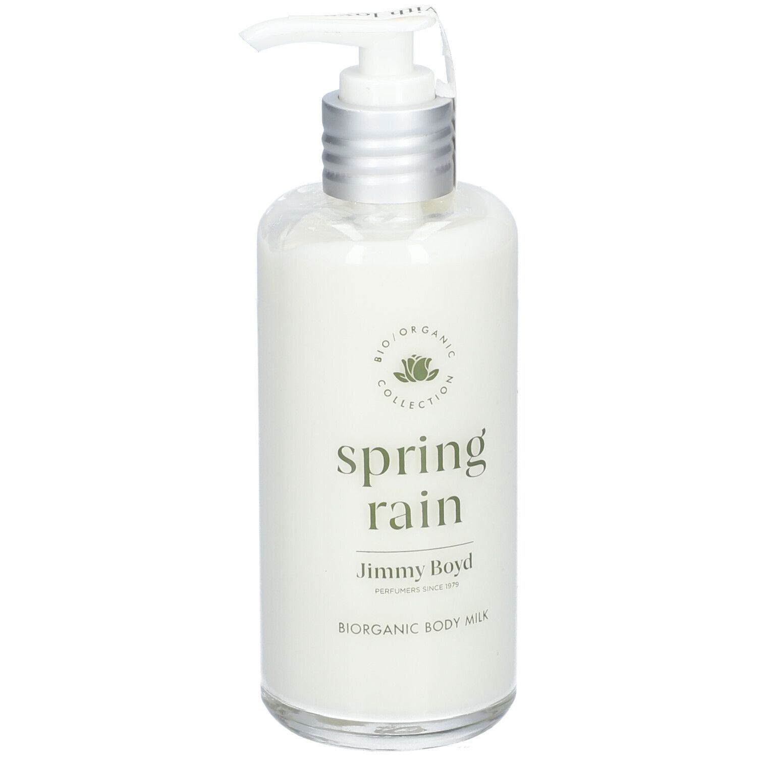 Körperlotion-Flasche mit Pumpverschluss. Aufschrift: "spring rain", "Jimmy Boyd".