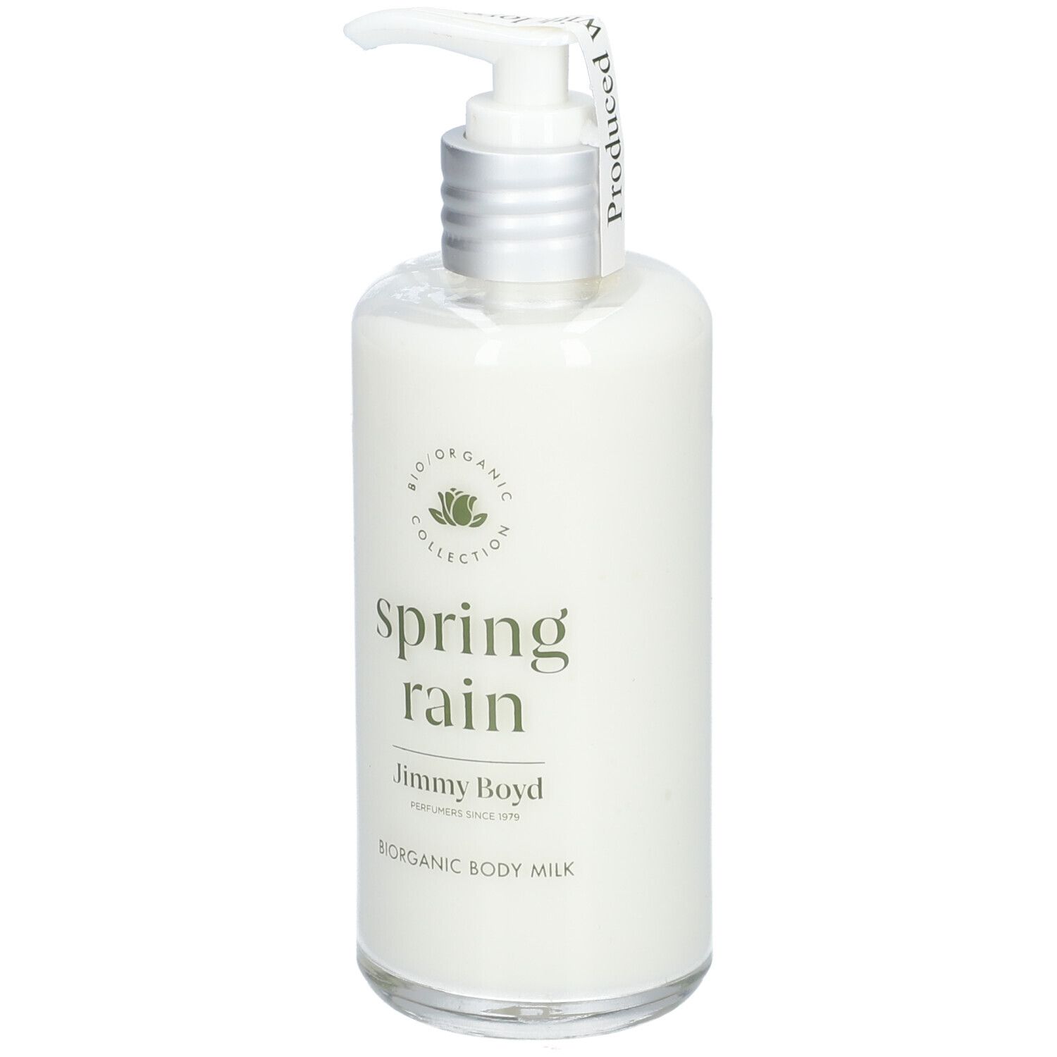 Körperlotion-Flasche mit Pumpverschluss. Aufschrift: "spring rain", "Jimmy Boyd".