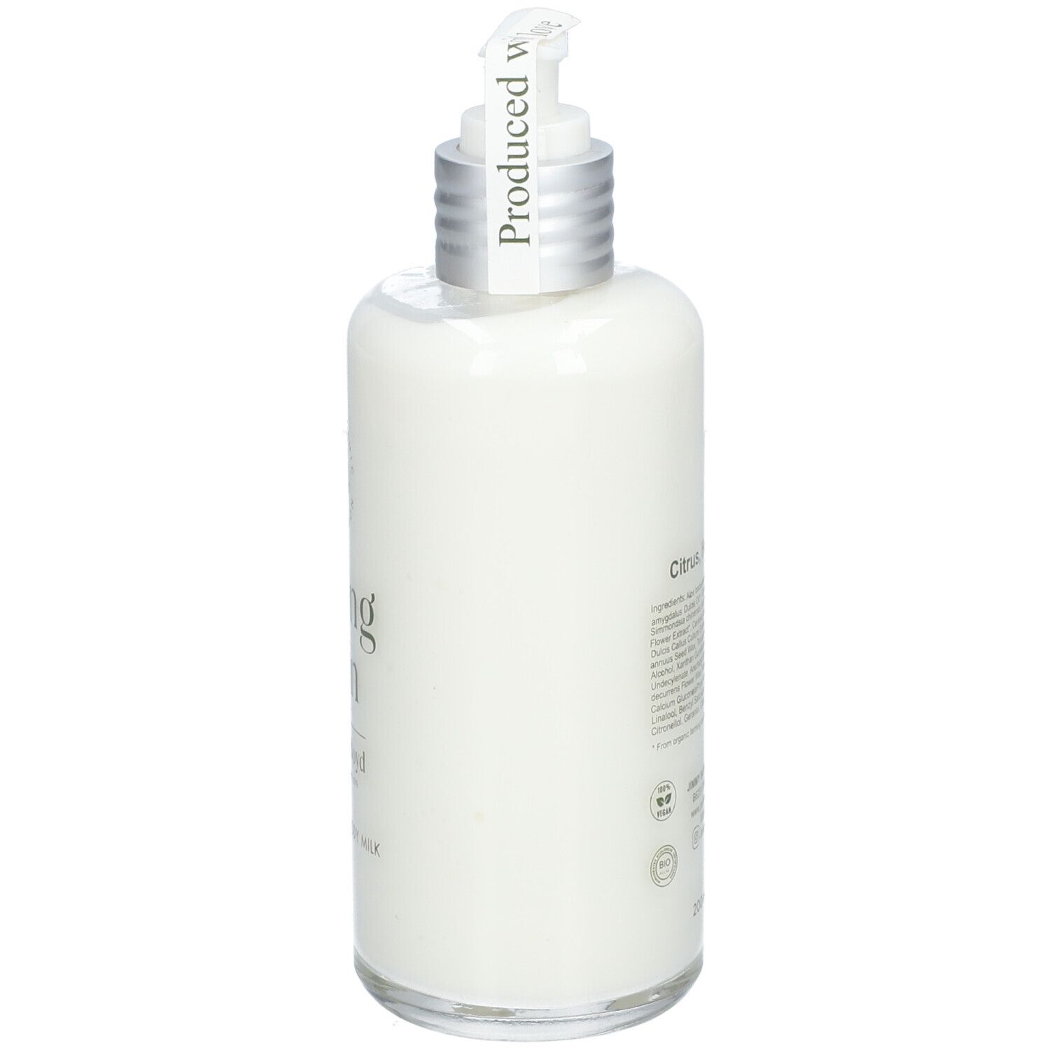 Körperlotion-Flasche, Rückansicht. Text auf Etikett.