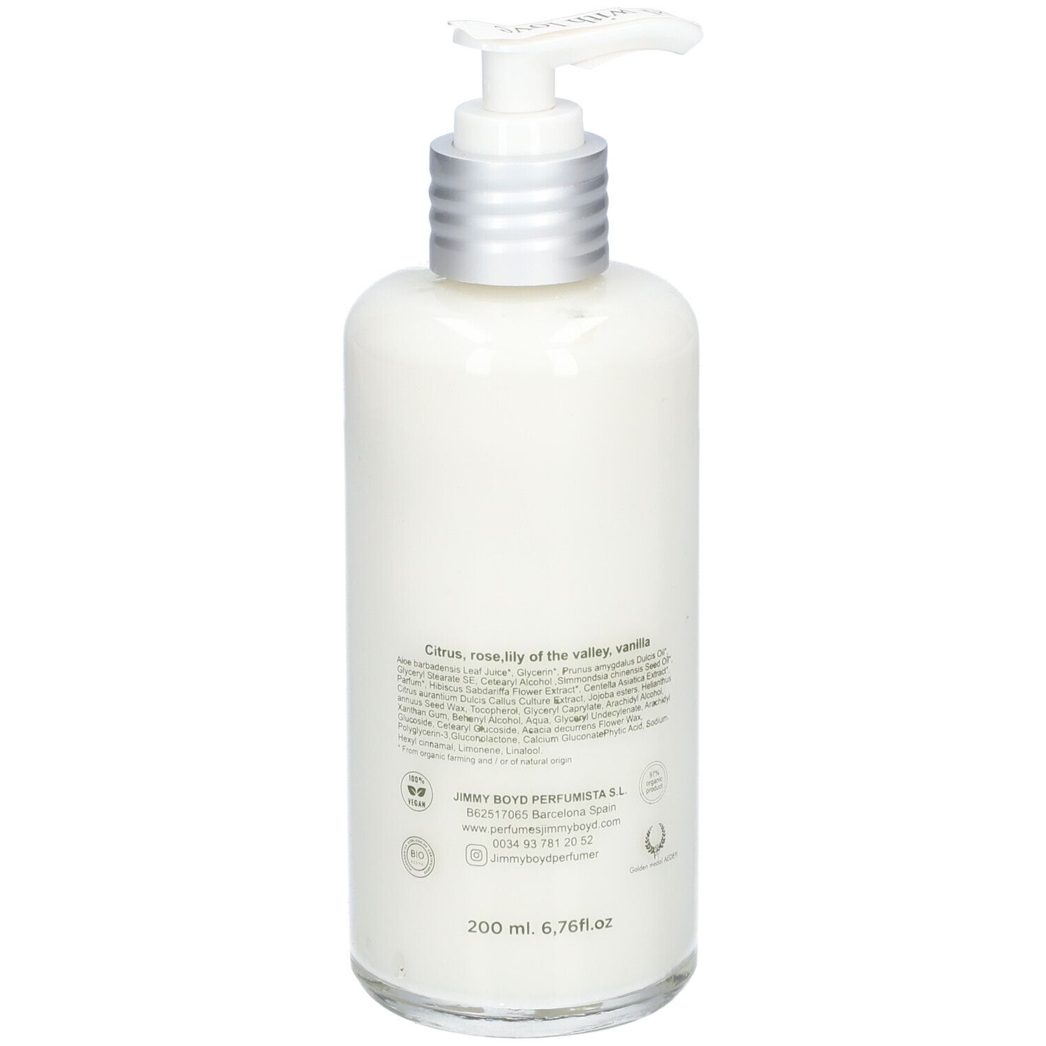 Körperlotion-Flasche mit Pumpe. Rückseite mit Text und Inhaltsangaben. Marke: Jimmy Boyd.