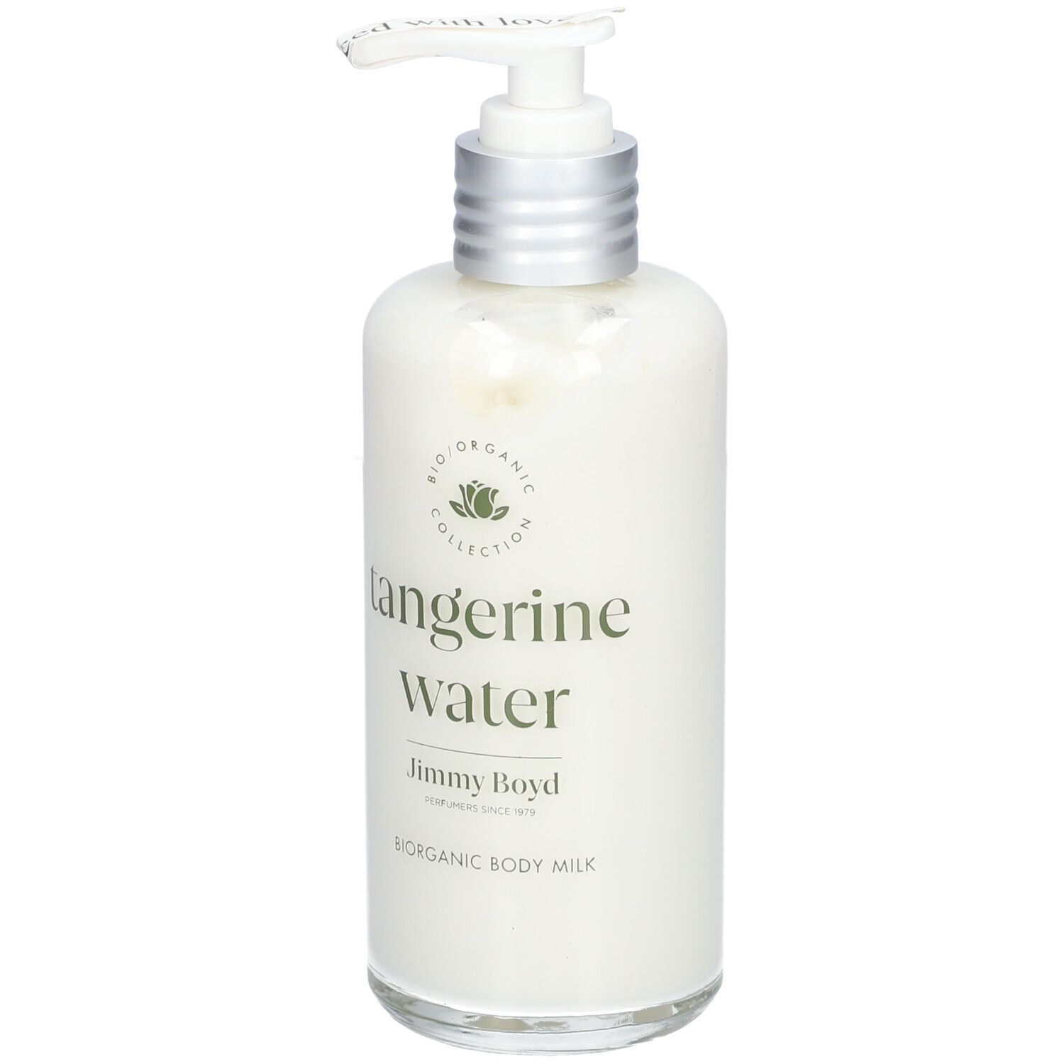 Körperlotion-Flasche mit Pumpe. Aufschrift: Tangerine Water, Jimmy Boyd. Bio-Organic Collection.