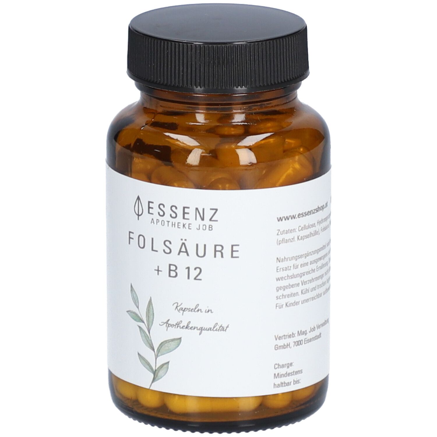 Braune Glasflasche mit schwarzem Deckel. Etikett mit "Essenz", "Folsäure + B12" und Inhaltsangaben.