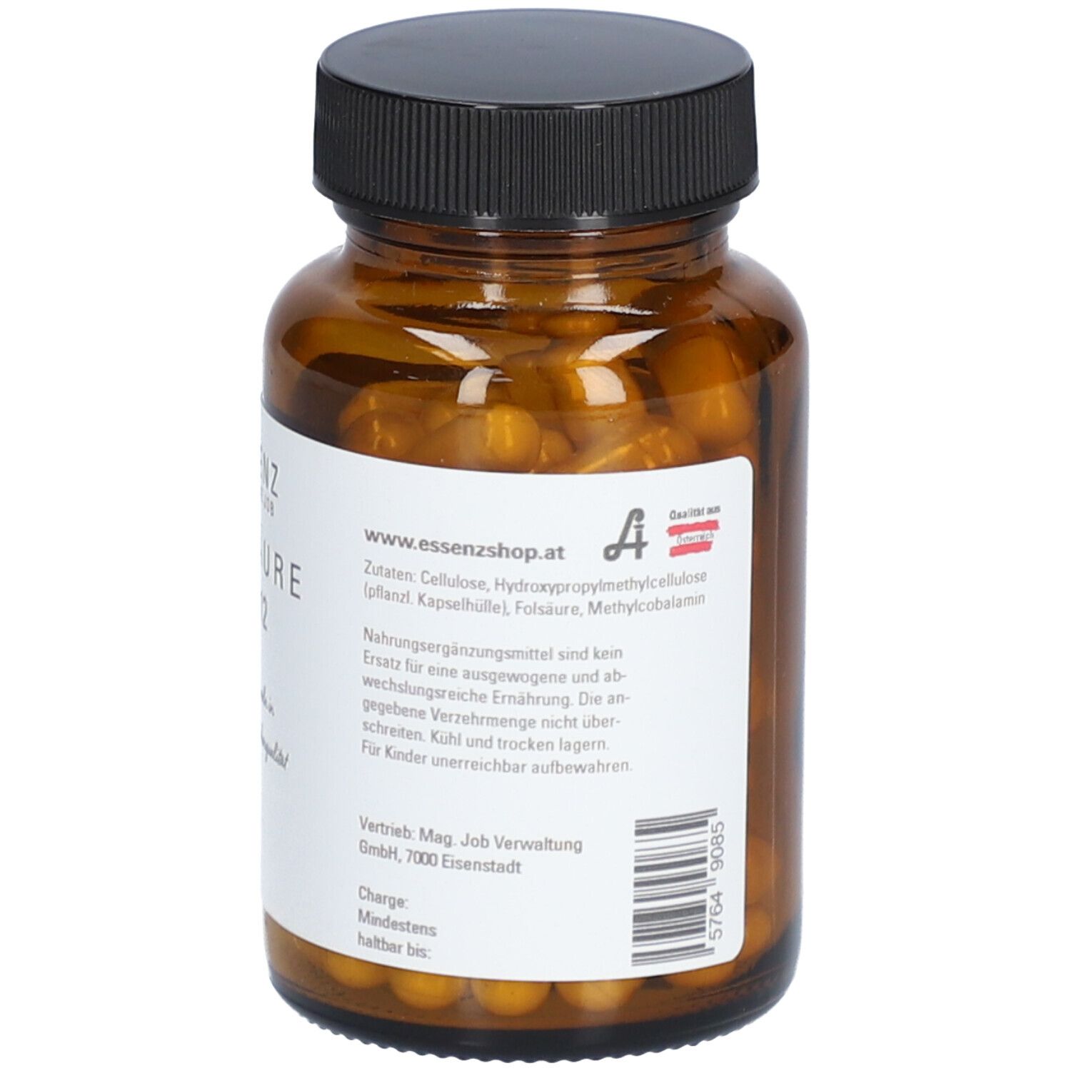 Braune Glasflasche mit schwarzem Deckel. Etikett mit Inhaltsstoffen, Herstellerangaben und Mindesthaltbarkeitsdatum.