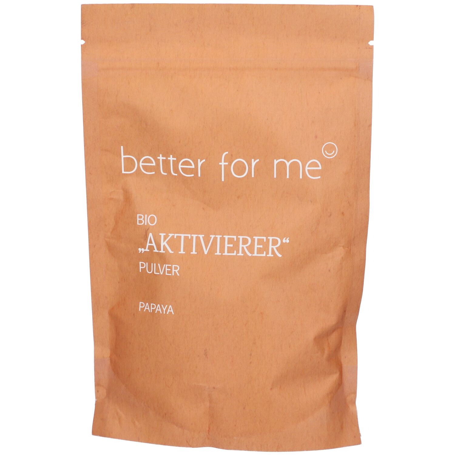 Beutel mit Produktnamen "better for me" und "BIO AKTIVIERER PULVER PAPAYA". Braune Verpackung.