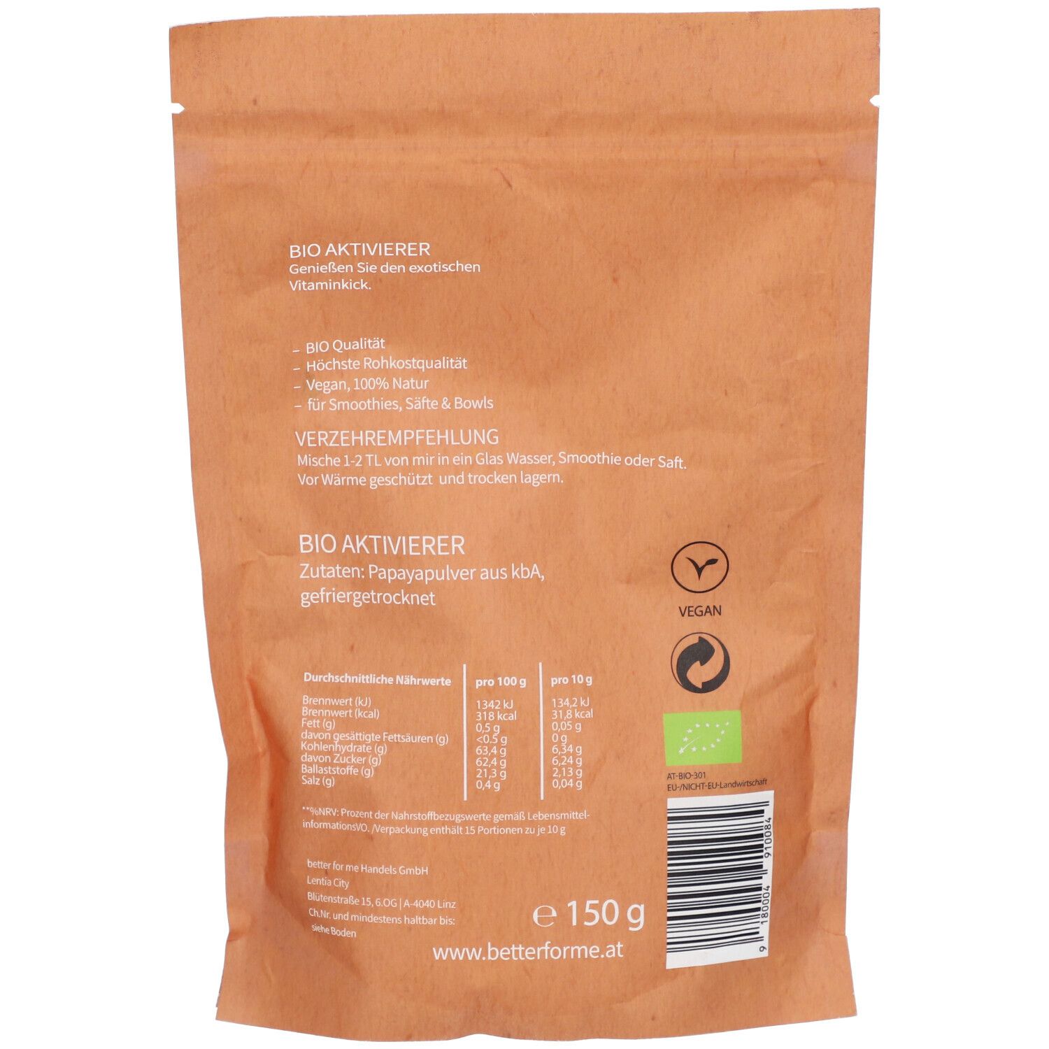 Rückseite der Produktverpackung. Text mit Nährwertangaben, Inhaltsstoffen und Verzehrempfehlung. Vegan-Siegel.