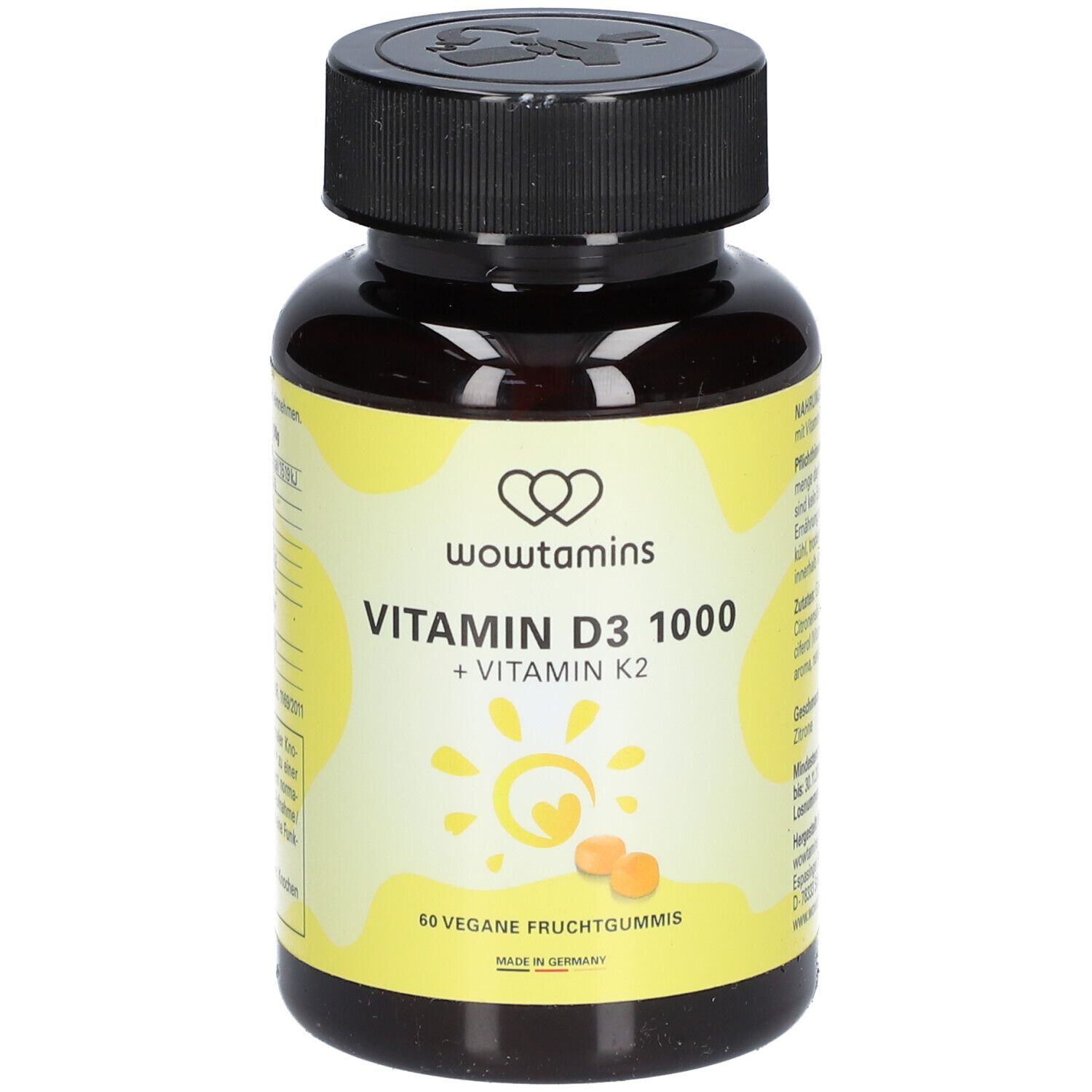 Braune Flasche mit schwarzem Deckel. Aufschrift: wowtamins VITAMIN D3 1000 + VITAMIN K2. 60 vegane Fruchtgummis.