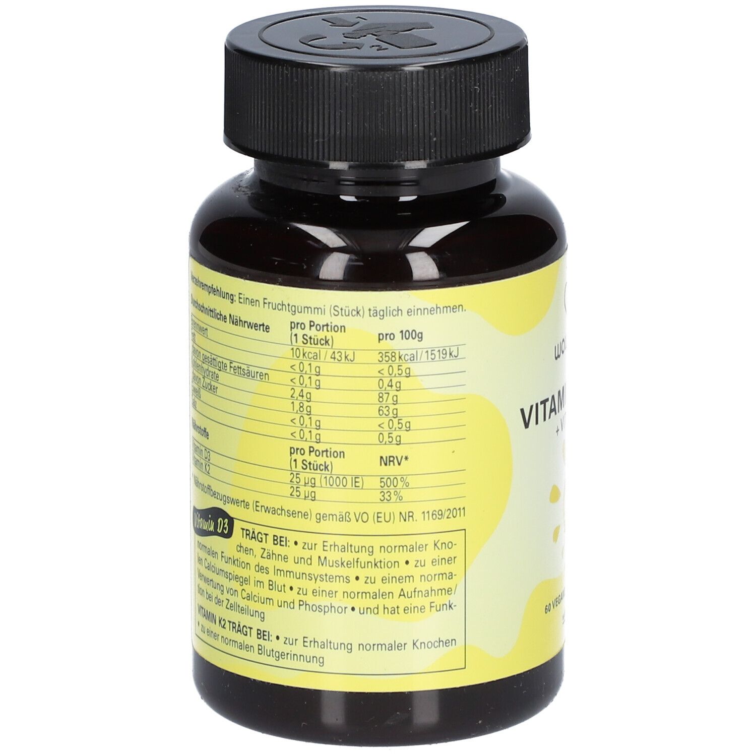 Rückseite der Flasche. Gelbes Etikett mit Nährwertangaben und Informationen zu Vitamin D3 und K2. Schwarzer Deckel.