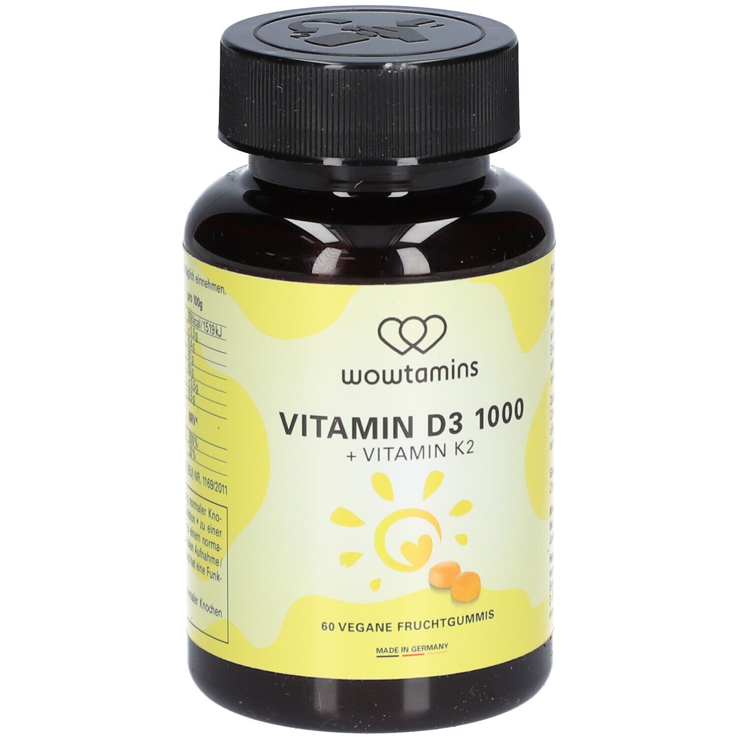 Braune Flasche mit schwarzem Deckel. Aufschrift: wowtamins VITAMIN D3 1000 + VITAMIN K2. 60 vegane Fruchtgummis.