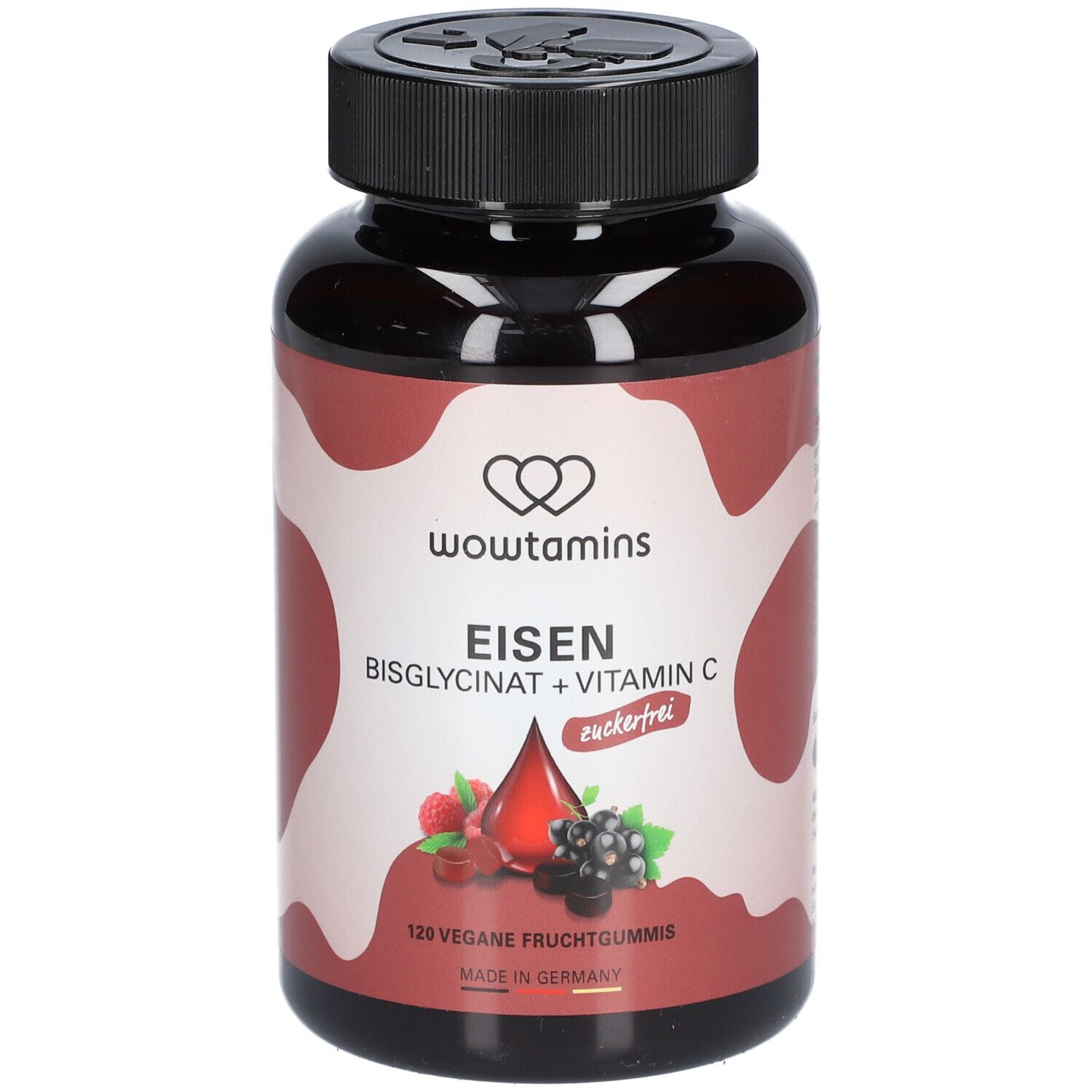 Braune Flasche mit schwarzem Deckel. Aufschrift: wowtamins, Eisen Bisglycinat + Vitamin C zuckerfrei. 120 vegane Fruchtgummis.
