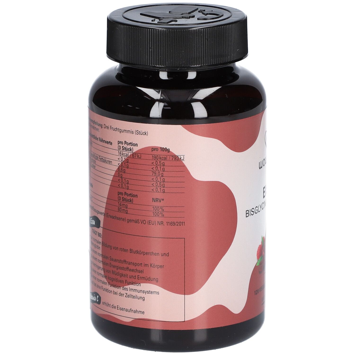 Rückseite einer braunen Flasche mit schwarzem Deckel. Text mit Nährwertangaben und Inhaltsstoffen. Aufschrift: wowtamins, Eisen Bisglycinat + Vitamin C.