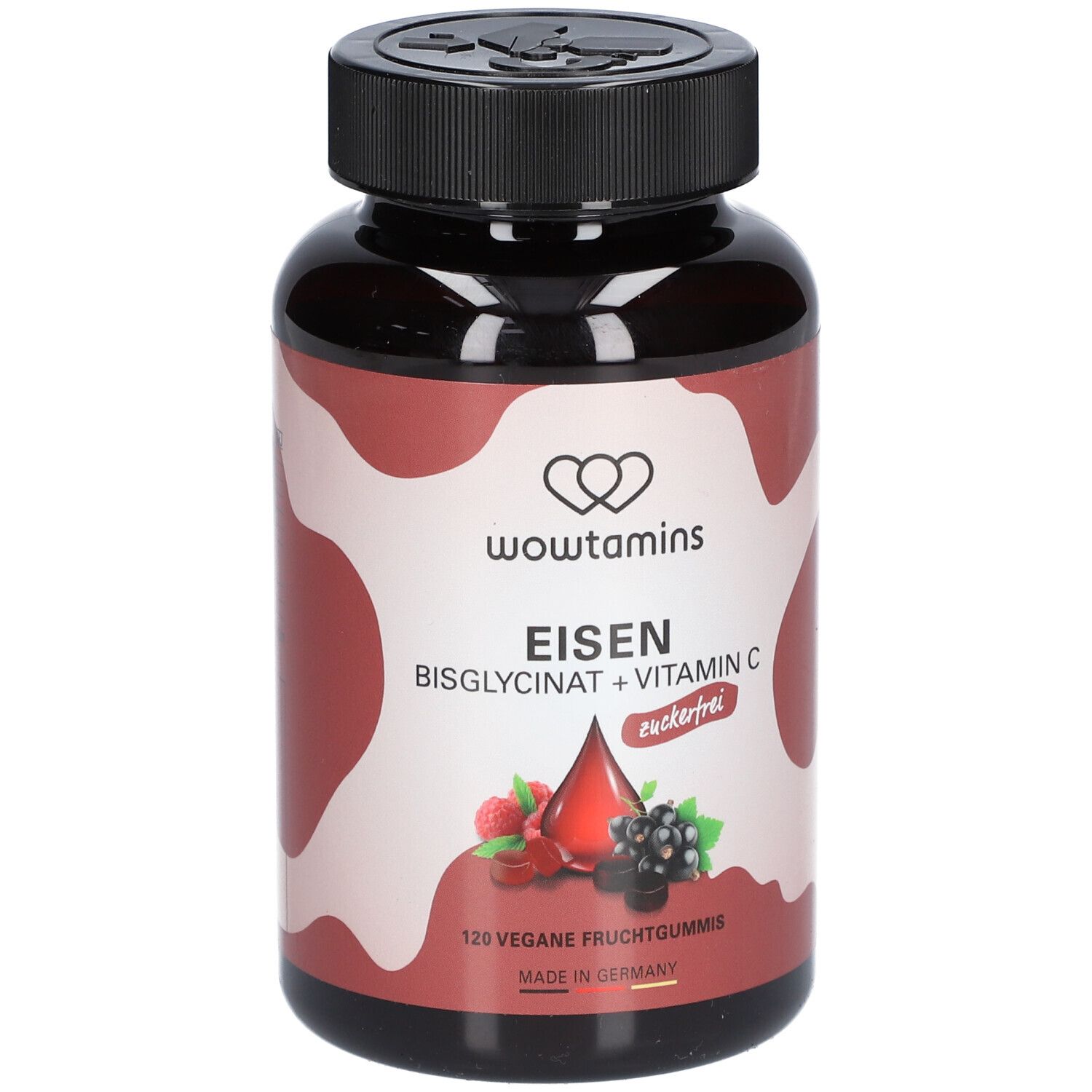 Braune Flasche mit schwarzem Deckel. Aufschrift: wowtamins, Eisen Bisglycinat + Vitamin C zuckerfrei. 120 vegane Fruchtgummis.