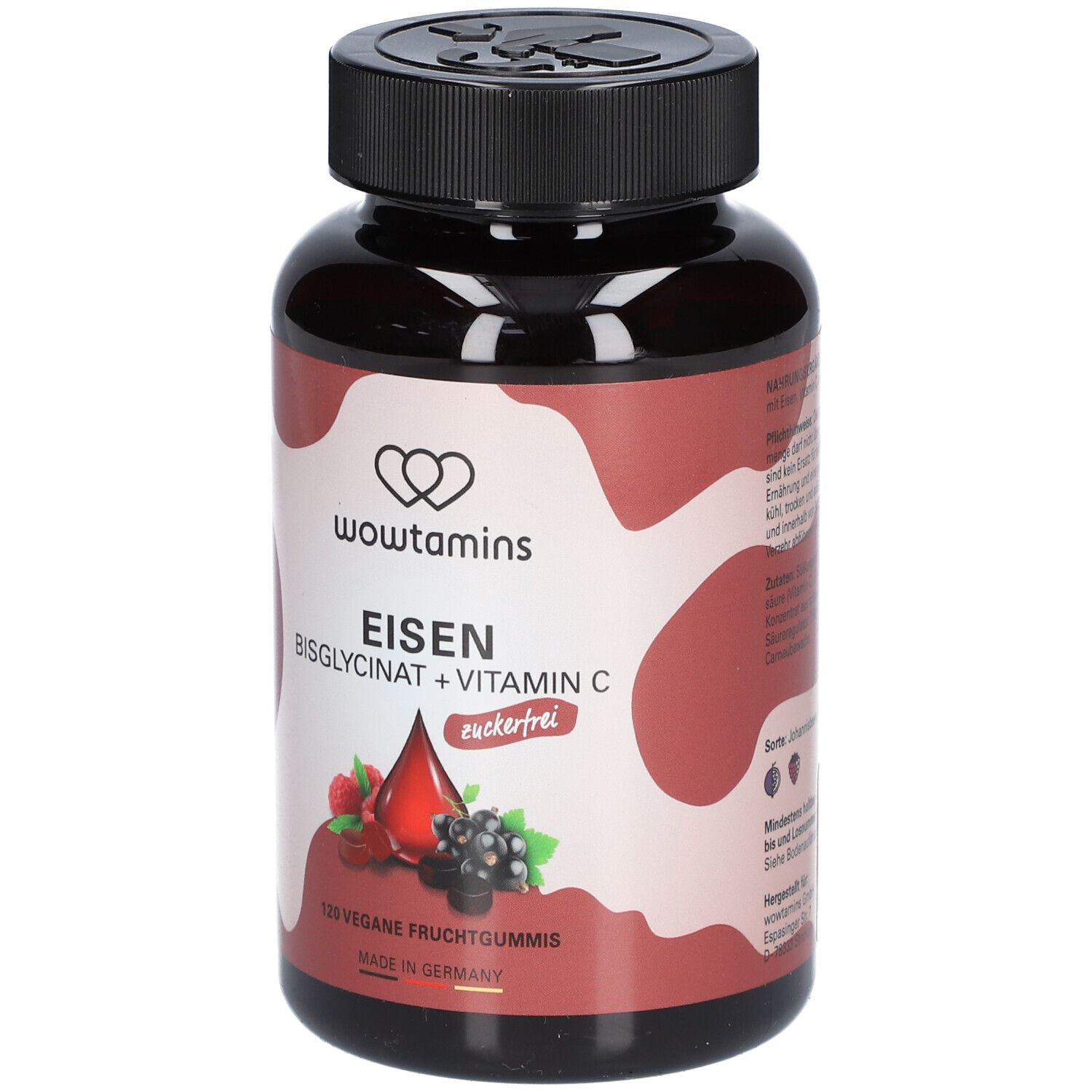 Braune Flasche mit schwarzem Deckel. Aufschrift: wowtamins, Eisen Bisglycinat + Vitamin C zuckerfrei. 120 vegane Fruchtgummis.