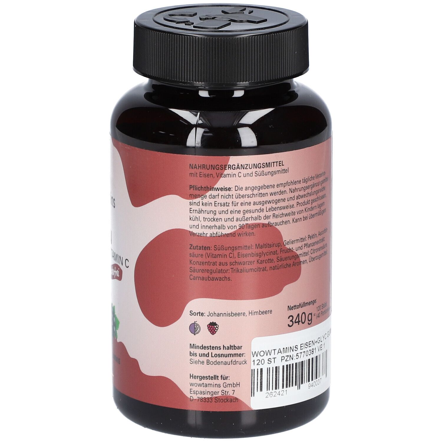 Rückseite einer braunen Flasche mit schwarzem Deckel. Text mit Nährwertangaben und Inhaltsstoffen. Aufschrift: wowtamins, Eisen Bisglycinat + Vitamin C.