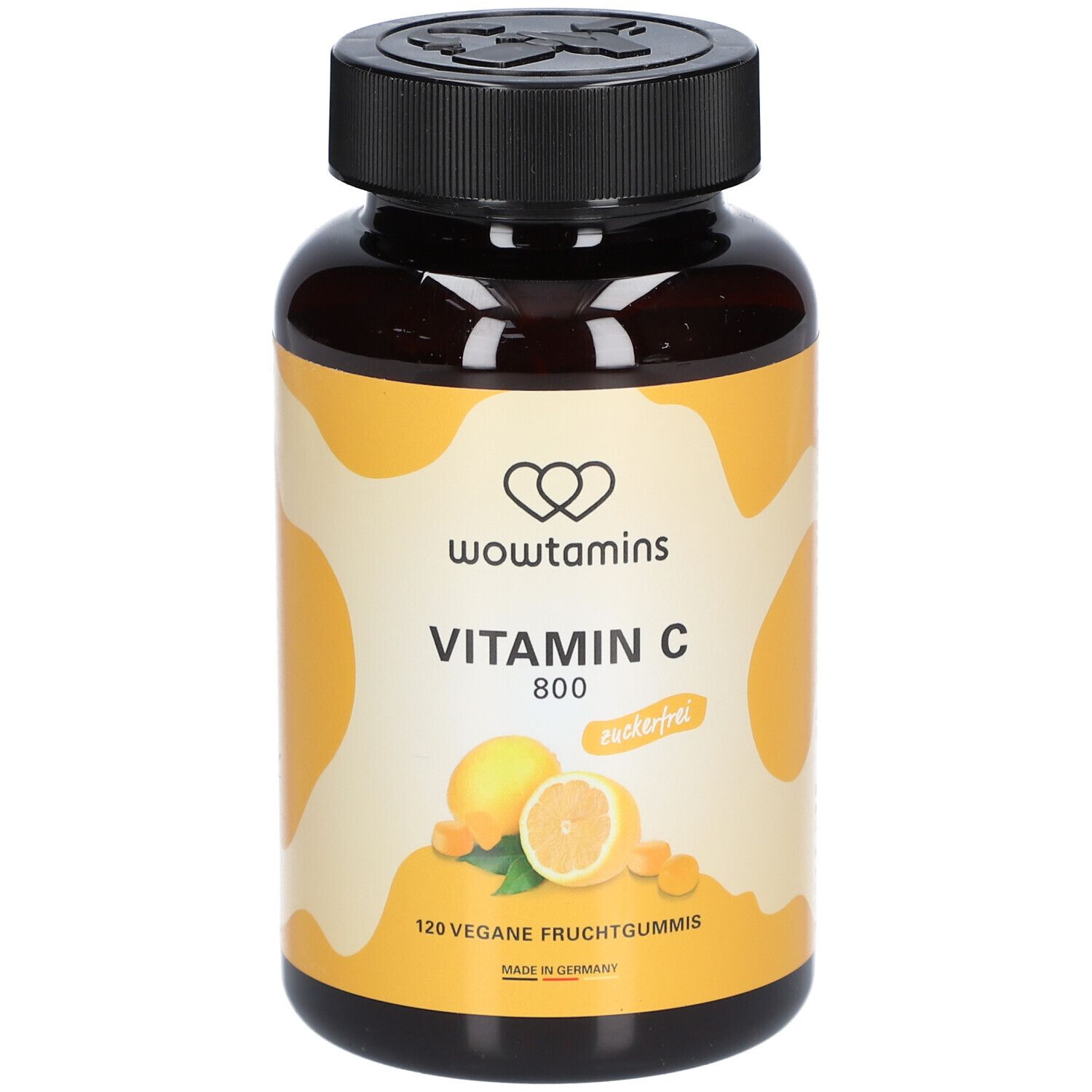 Braune Flasche mit Vitamin C 800 zuckerfrei. Aufschrift: wowtamins, Vitamin C, 120 vegane Fruchtgummis. Abbildung: Zitrone.