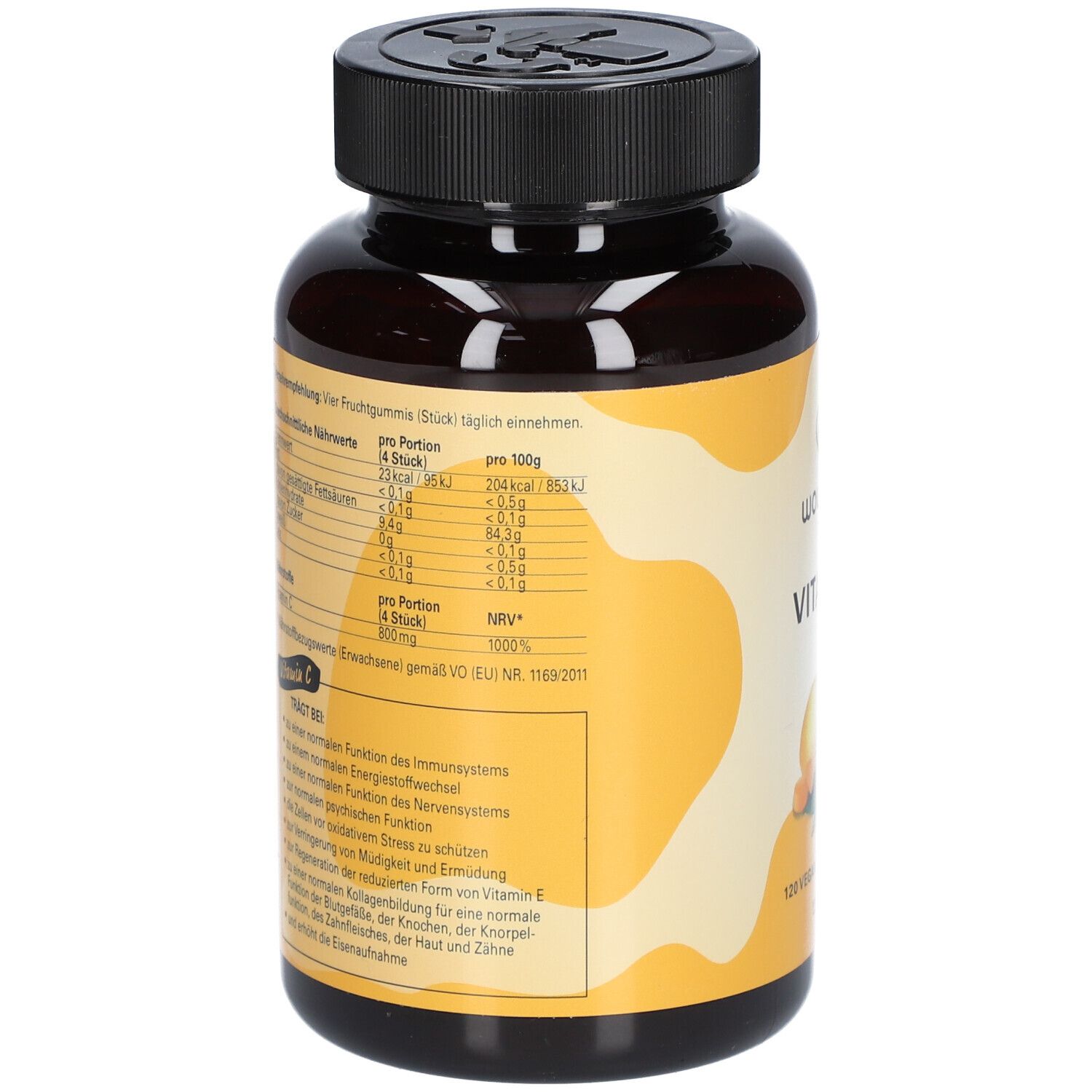 Rückseite einer braunen Flasche mit Vitamin C 800. Text mit Nährwertangaben und Inhaltsstoffen. Aufschrift: wowtamins, Vitamin C.