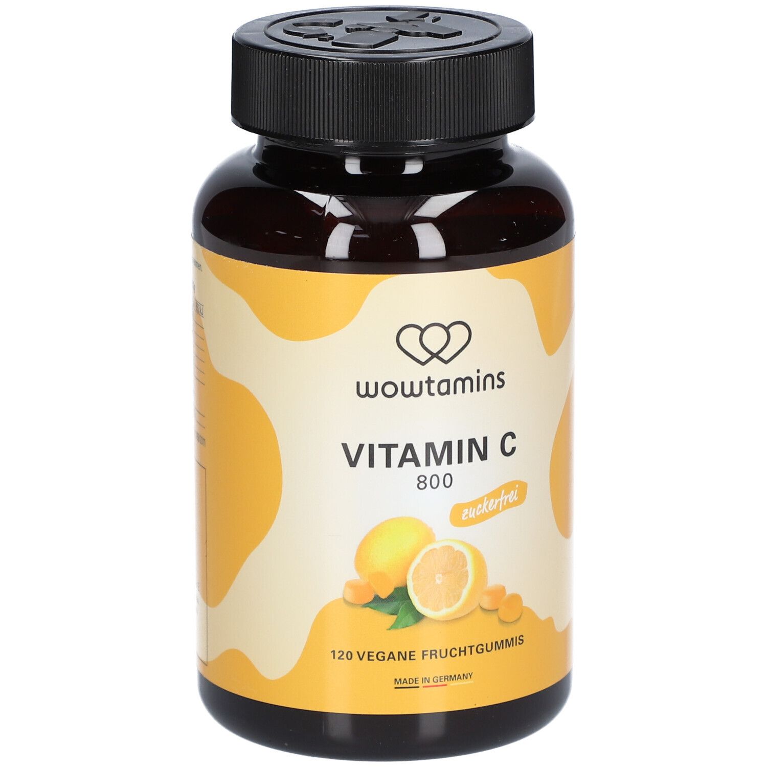 Braune Flasche mit Vitamin C 800 zuckerfrei. Aufschrift: wowtamins, Vitamin C, 120 vegane Fruchtgummis. Abbildung: Zitrone.