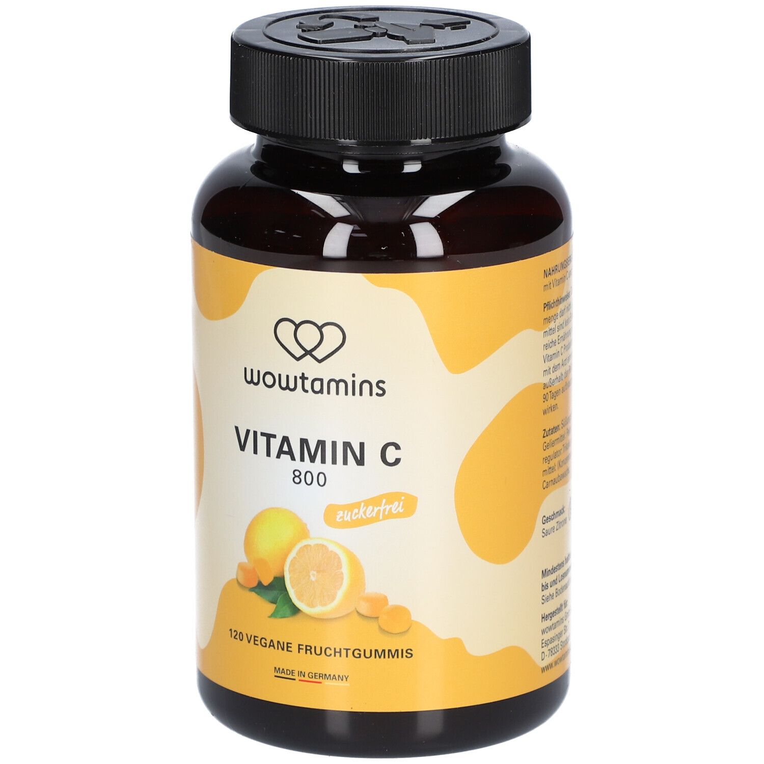 Braune Flasche mit Vitamin C 800 zuckerfrei. Aufschrift: wowtamins, Vitamin C, 120 vegane Fruchtgummis. Abbildung: Zitrone.