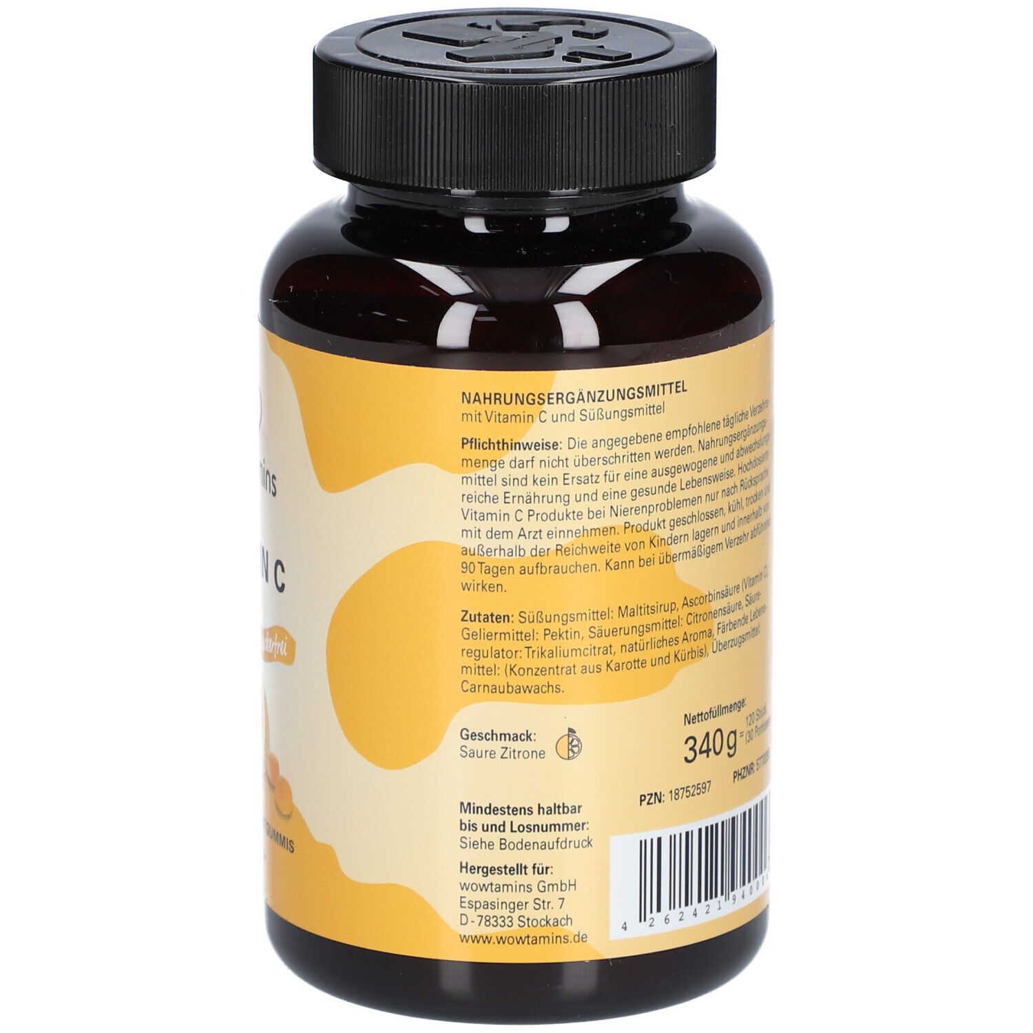 Rückseite einer braunen Flasche mit Vitamin C 800. Text mit Nährwertangaben und Inhaltsstoffen. Aufschrift: wowtamins, Vitamin C.