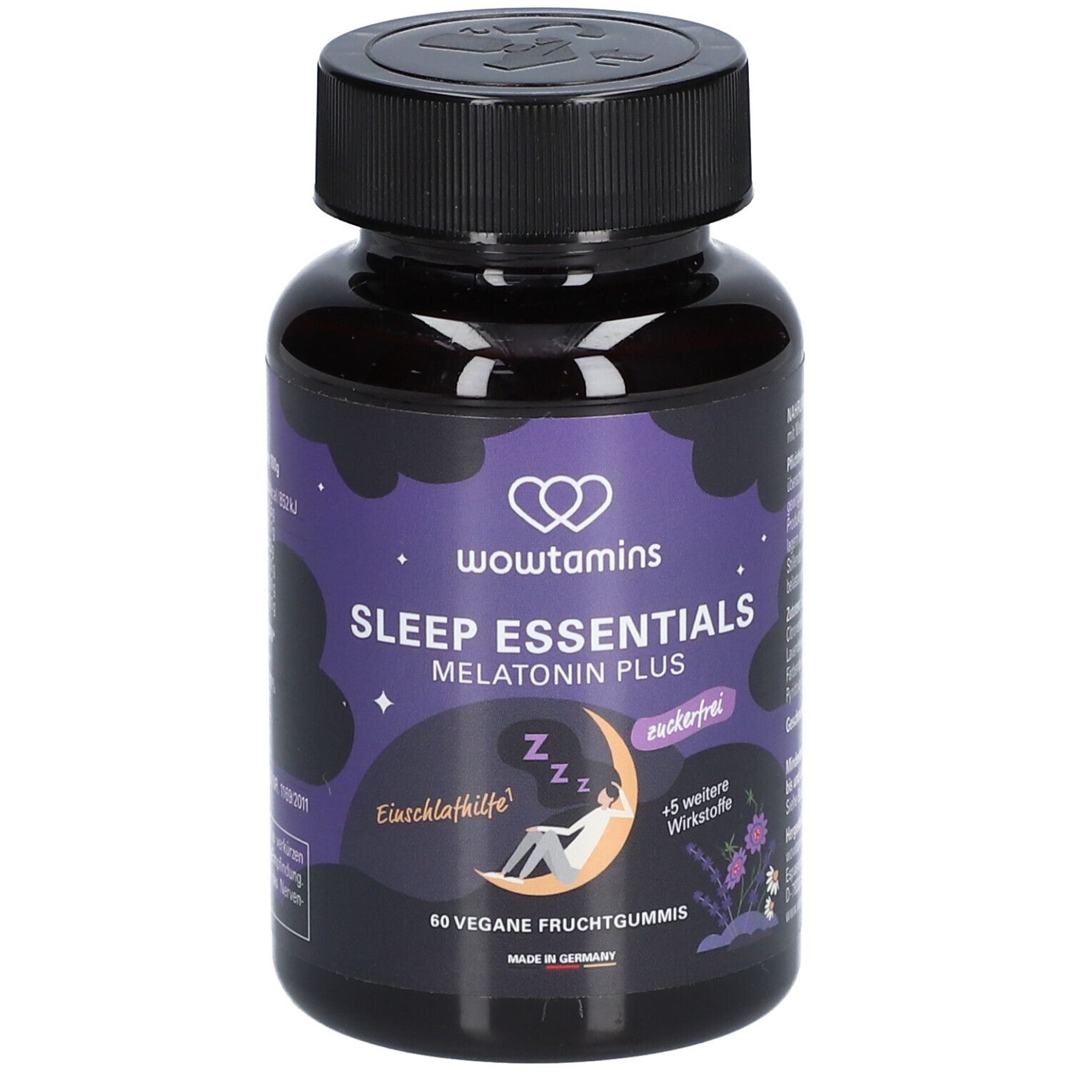 Dunkle Flasche mit lila Etikett. Enthält wowtamins Sleep Essentials Melatonin Plus. 60 vegane Fruchtgummis. Made in Germany.