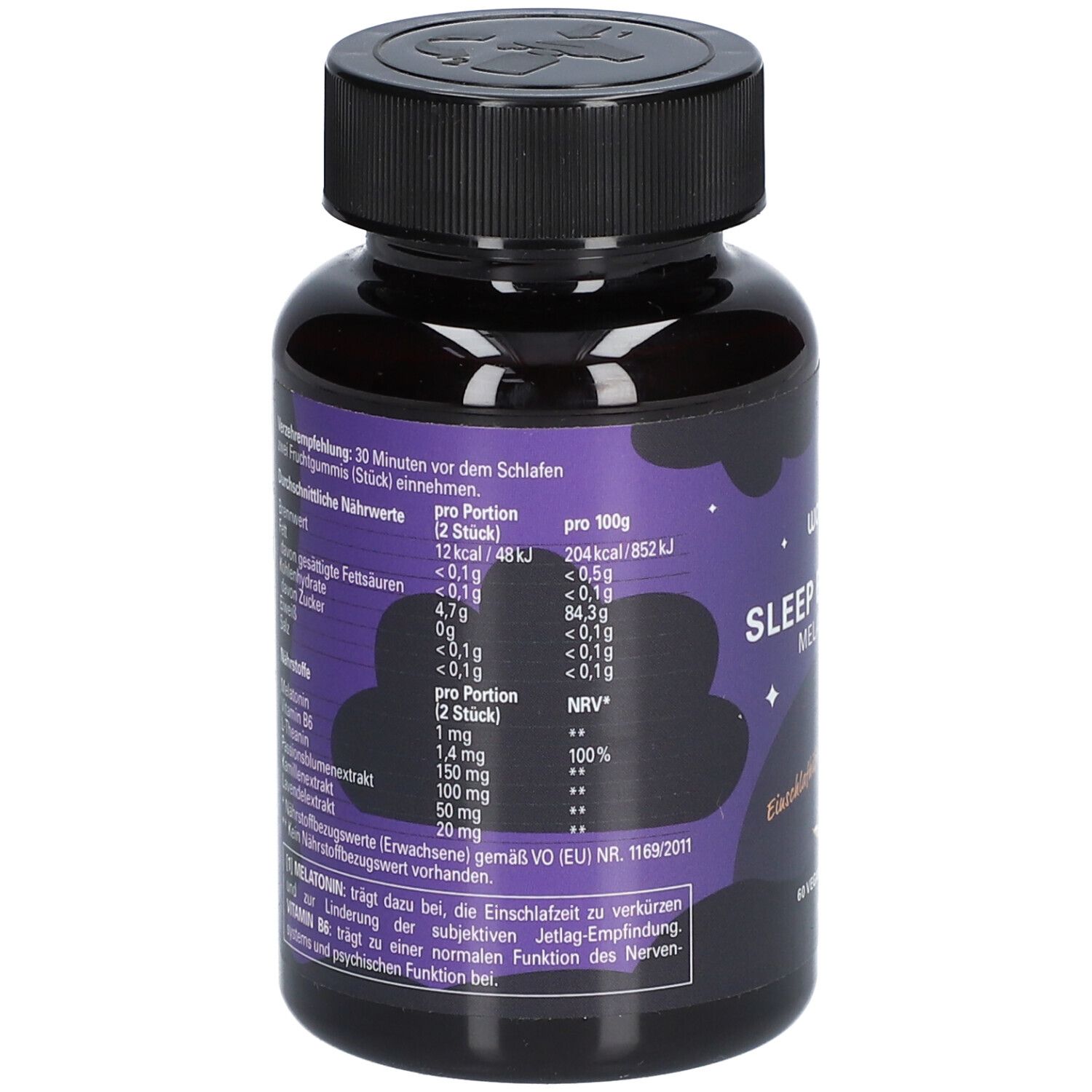Rückseite der Flasche. Enthält Nährwertangaben für wowtamins Sleep Essentials Melatonin Plus. Informationen zu Inhaltsstoffen und Nährwerten.
