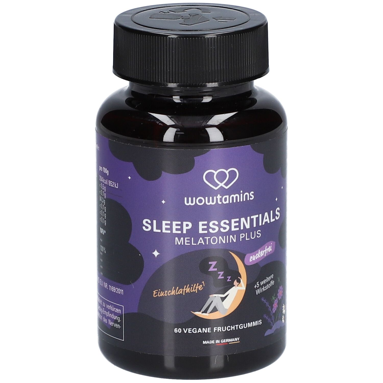 Dunkle Flasche mit lila Etikett. Enthält wowtamins Sleep Essentials Melatonin Plus. 60 vegane Fruchtgummis. Made in Germany.