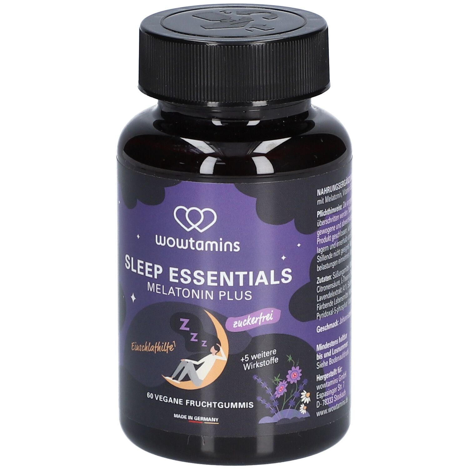 Dunkle Flasche mit lila Etikett. Enthält wowtamins Sleep Essentials Melatonin Plus. 60 vegane Fruchtgummis. Made in Germany.
