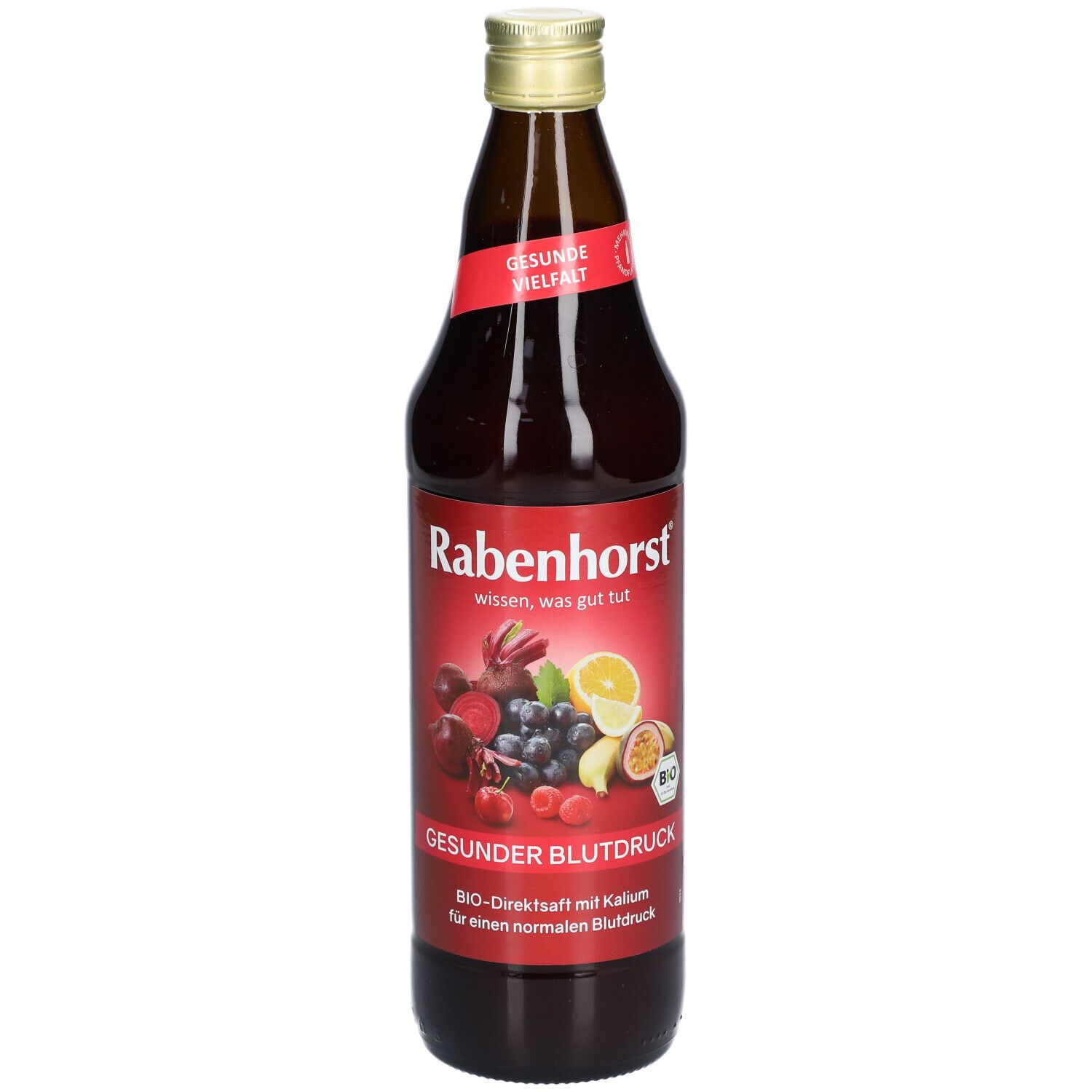 Braune Glasflasche mit rotem Etikett. Aufschrift: Rabenhorst, Gesunder Blutdruck. Abbildung von Früchten.