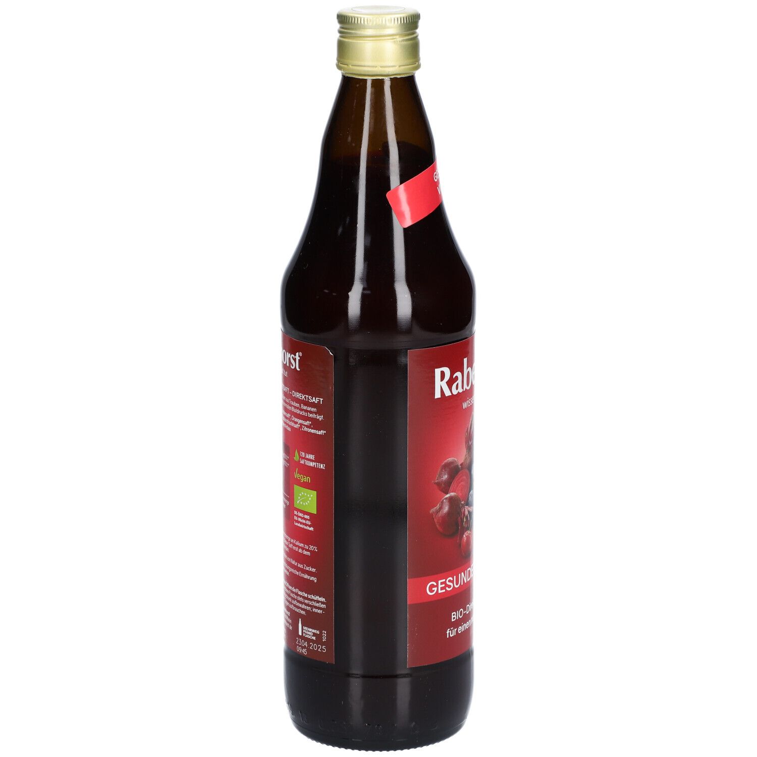 Braune Glasflasche mit rotem Etikett. Aufschrift: Rabenhorst. Rückseite mit Produktinformationen und Bio-Siegel.