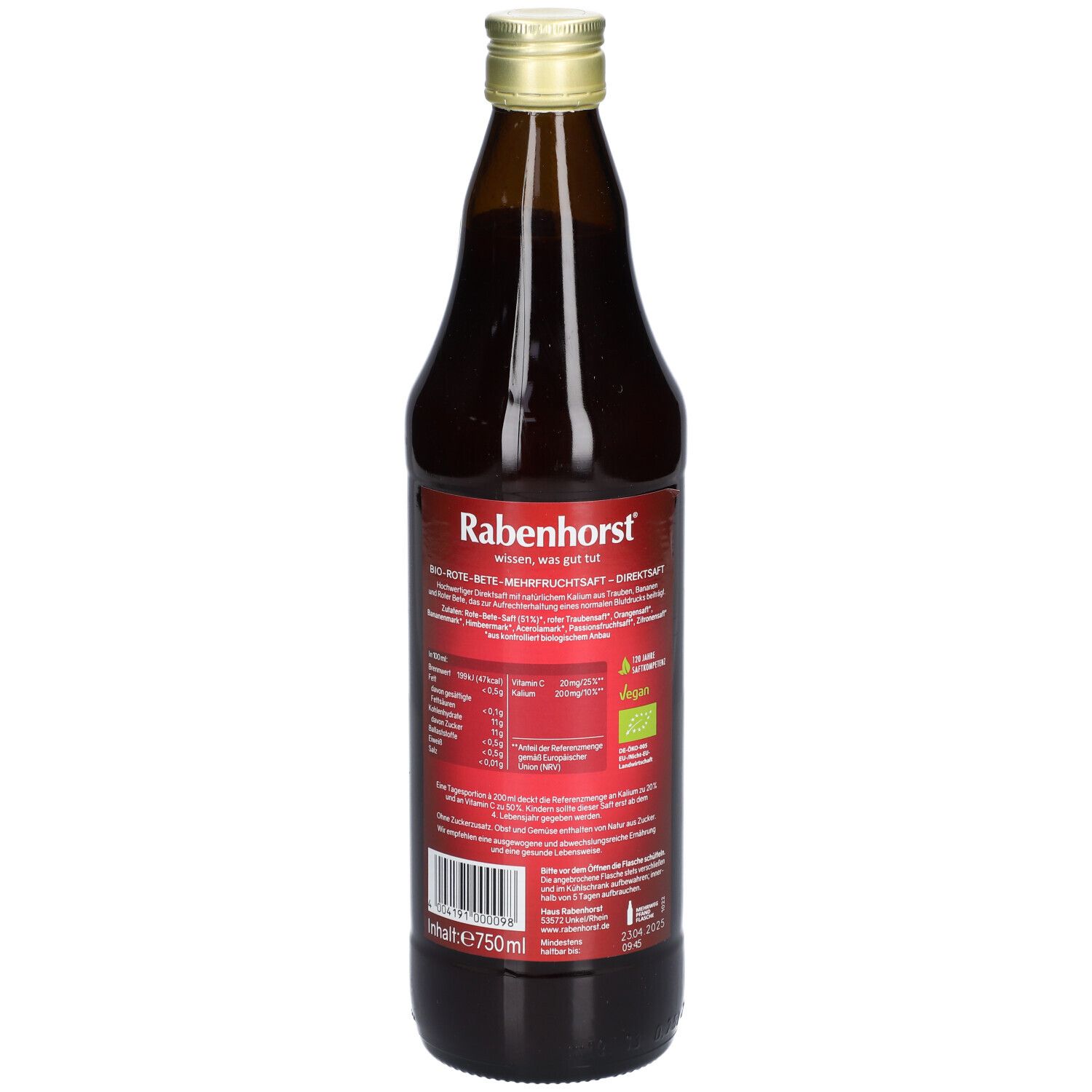 Braune Glasflasche mit rotem Etikett. Rückseite mit Produktinformationen, Nährwertangaben und Bio-Siegel.