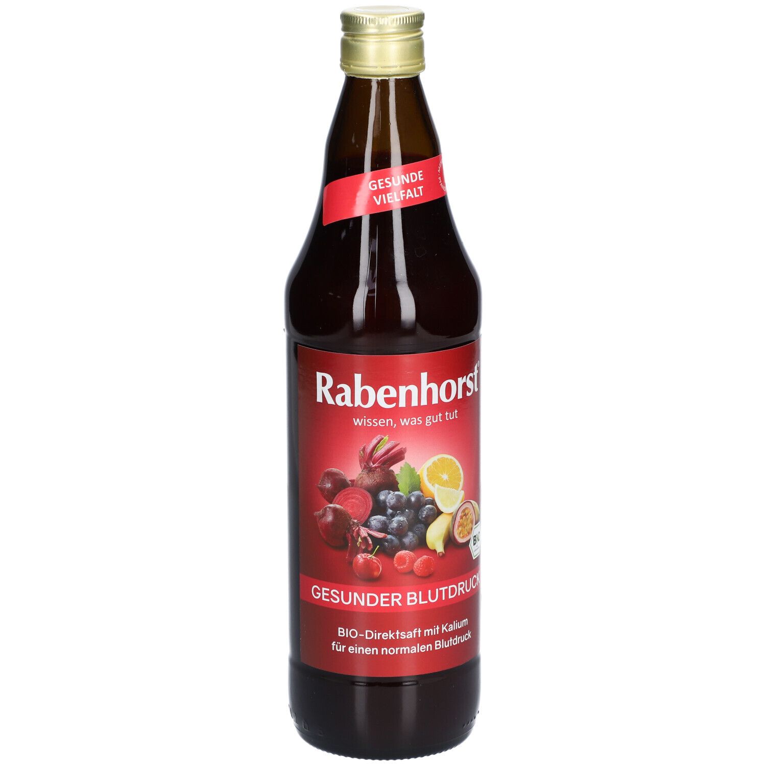 Braune Glasflasche mit rotem Etikett. Aufschrift: Rabenhorst, Gesunder Blutdruck. Abbildung von Früchten.