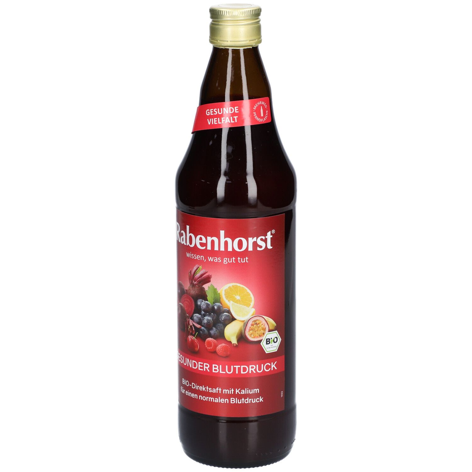 Braune Glasflasche mit rotem Etikett. Aufschrift: Rabenhorst, Gesunder Blutdruck. Abbildung von Früchten und Bio-Siegel.