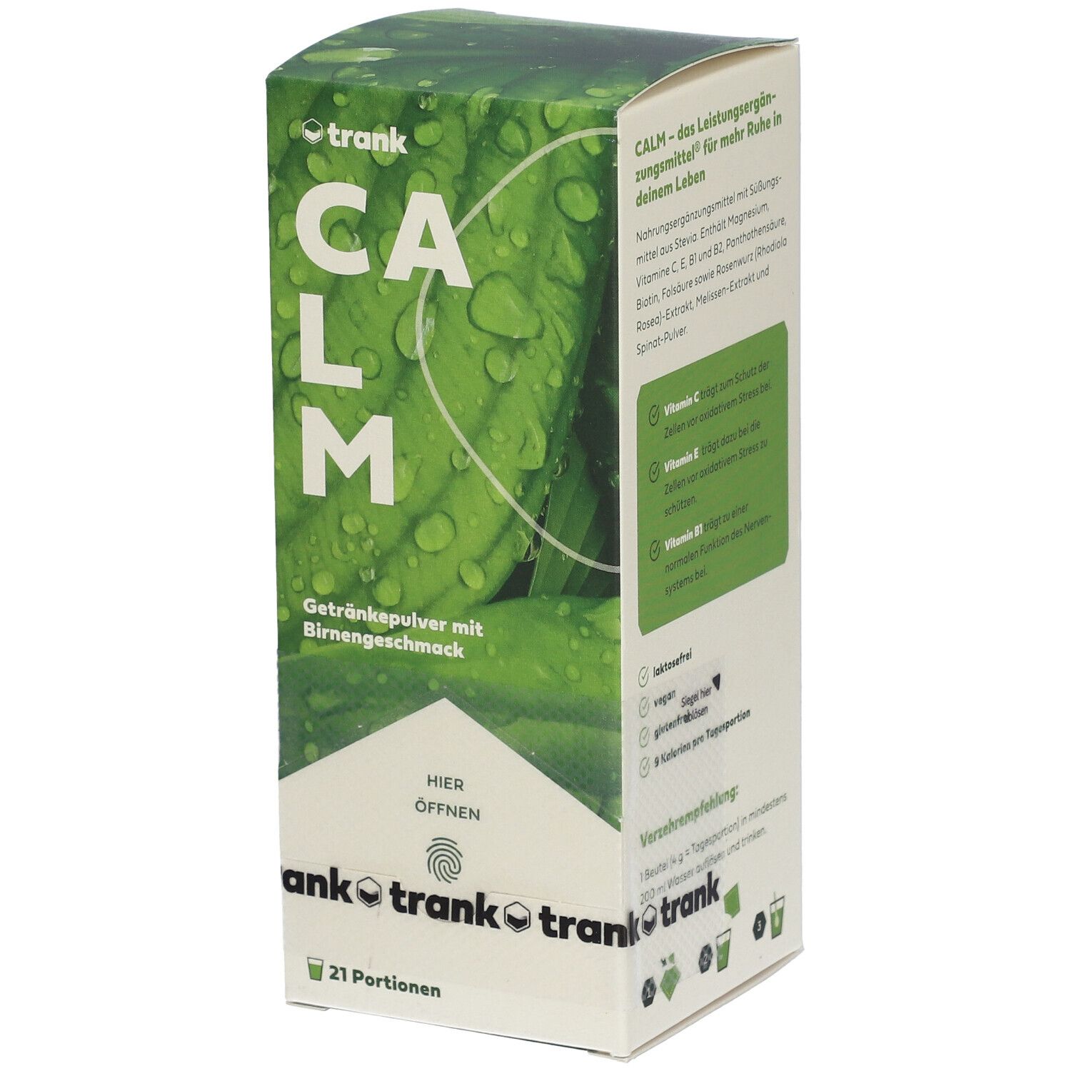 Karton mit "CALM" Getränkepulver. Grün-weißes Design, Schriftzug "trank". Enthält 21 Portionen. Birnengeschmack.