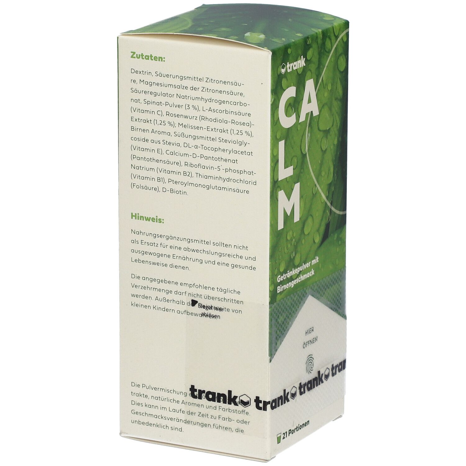 Karton mit "CALM" Getränkepulver. Zutatenliste und Nährwertangaben auf der Seite. "trank" Logo.