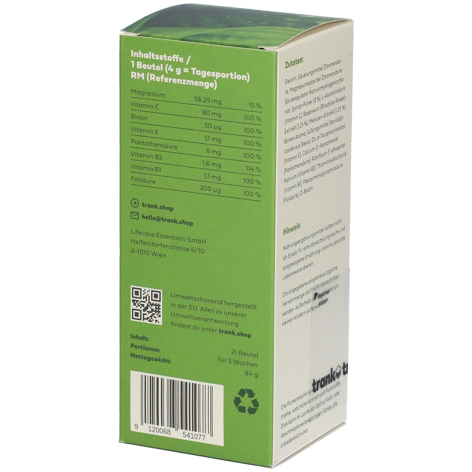 Karton mit "CALM" Getränkepulver. Nährwertangaben pro Portion. "trank.shop" Kontaktinformationen und QR-Code.