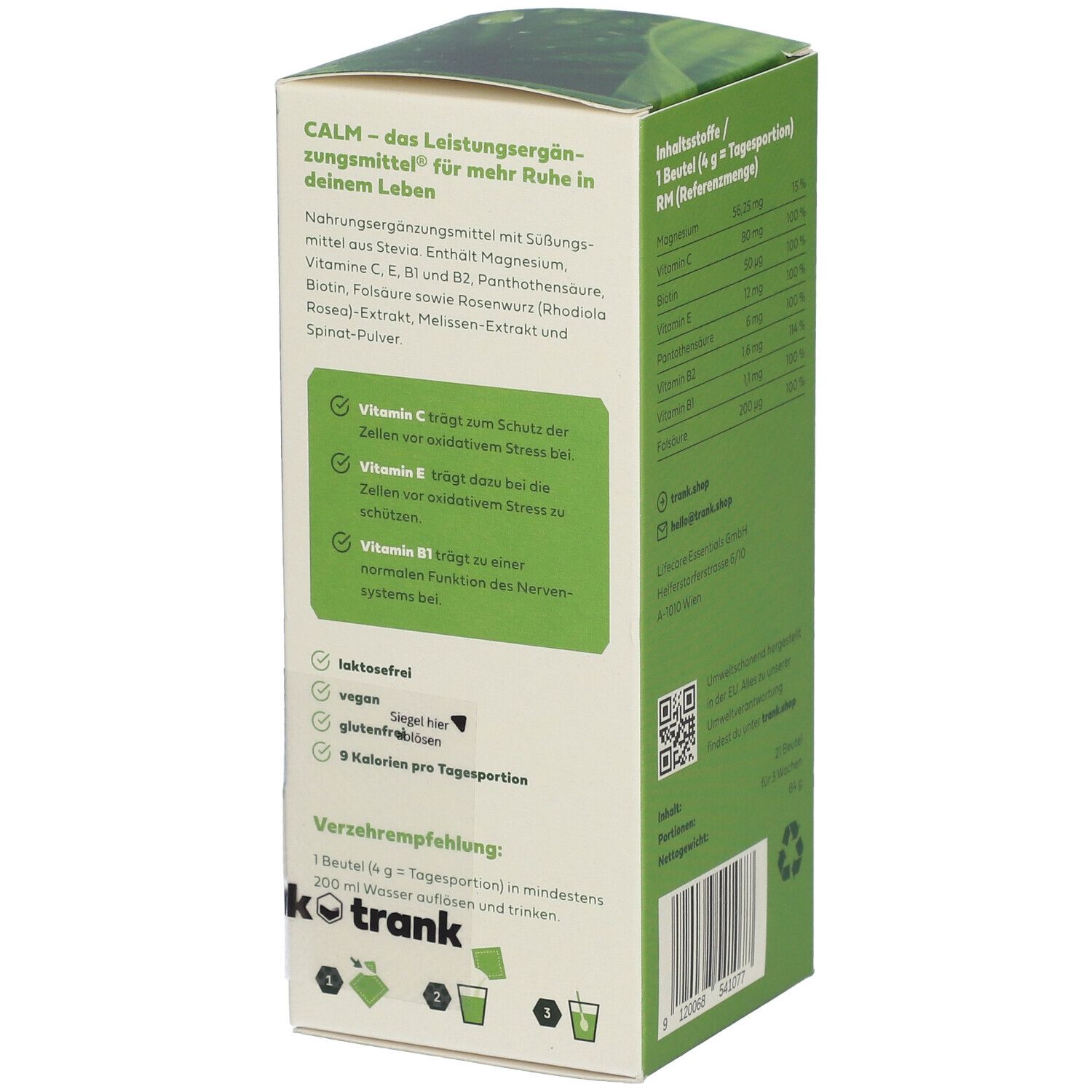 Karton mit "CALM" Getränkepulver. Informationen zur Anwendung und Inhaltsstoffe. "trank" Logo und grüne Elemente.