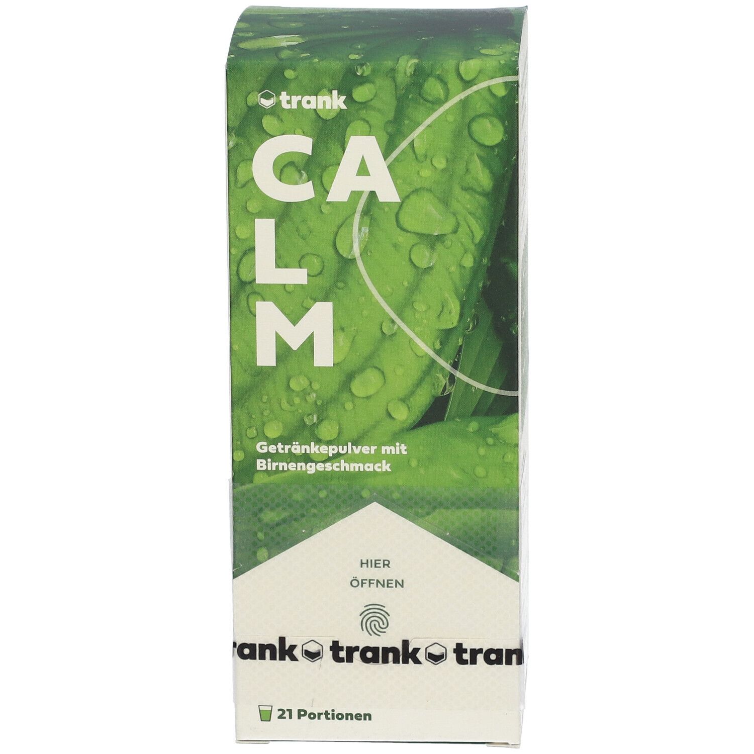 Karton mit "CALM" Getränkepulver. Grün-weißes Design, Schriftzug "trank". Enthält 21 Portionen. Birnengeschmack.