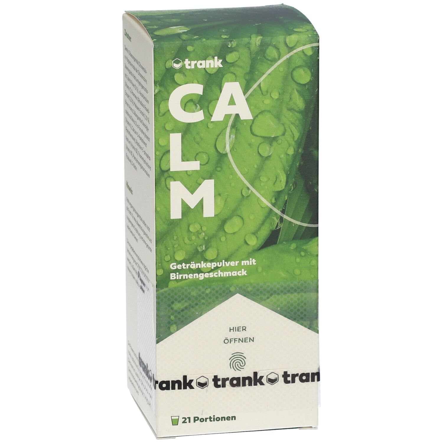 Karton mit "CALM" Getränkepulver. Grün-weißes Design, Schriftzug "trank". Enthält 21 Portionen. Birnengeschmack.