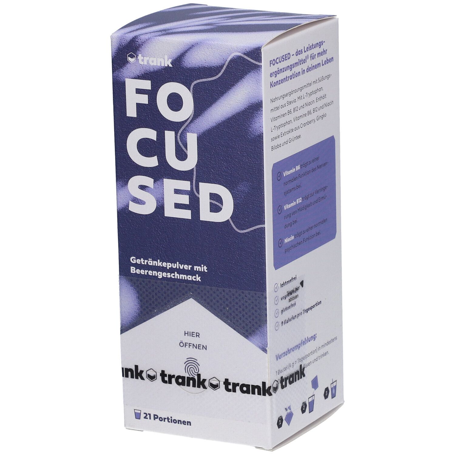 Karton mit "FOCUSED" Getränkepulver. 21 Portionen. "Getränkepulver mit Beerengeschmack". Marke: trank.