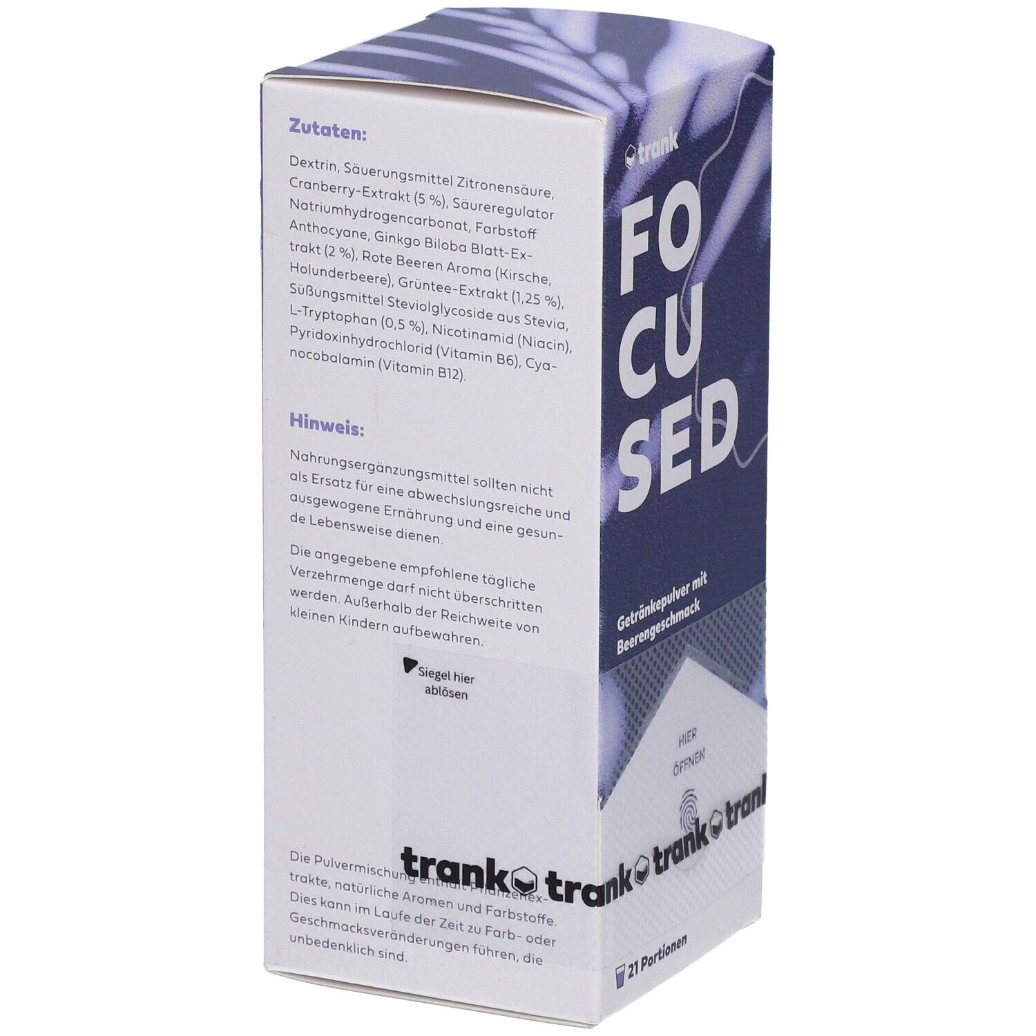 Rückseite der "FOCUSED" Getränkepulver-Box. Zutatenliste, Hinweise und Öffnungsanleitung. Marke: trank.