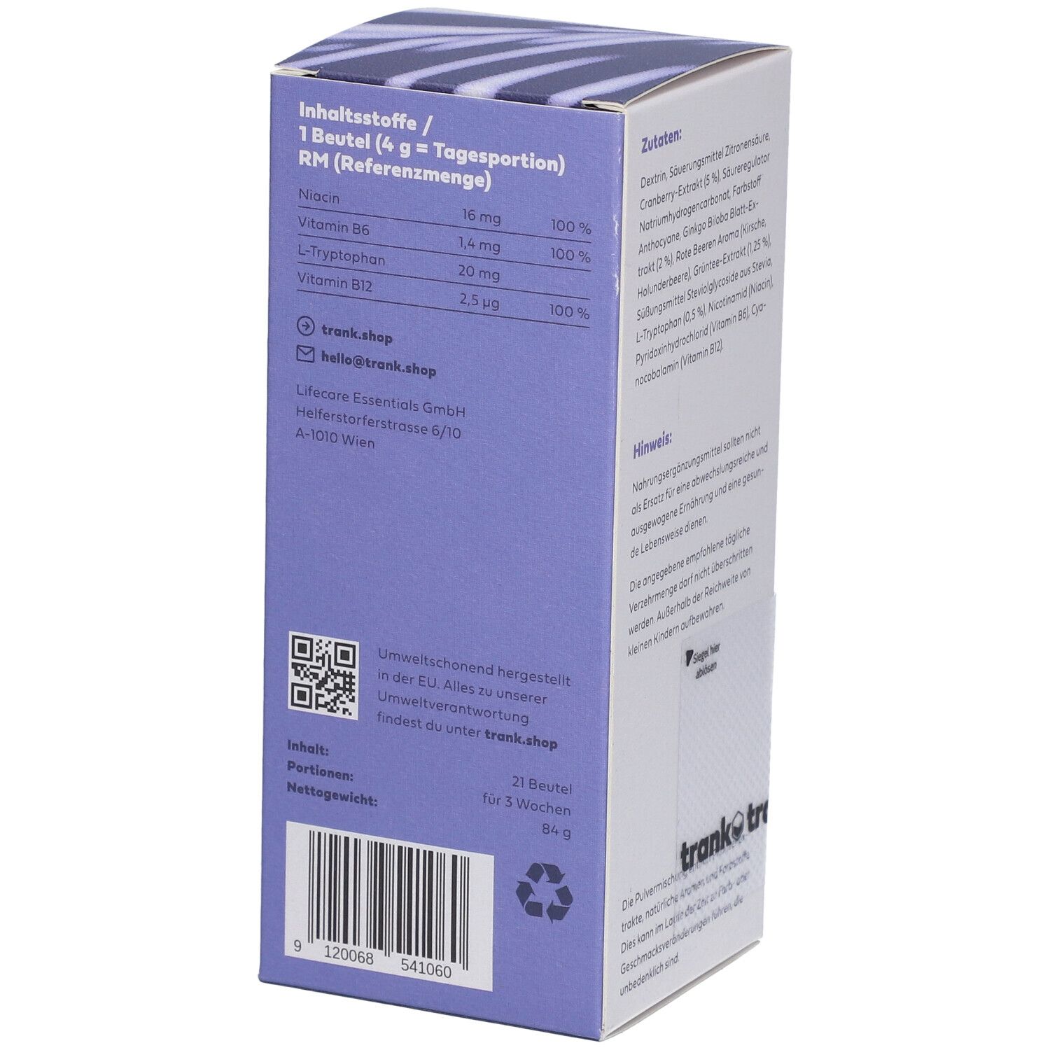 Seite der "FOCUSED" Getränkepulver-Box. Nährwerttabelle, Kontaktinformationen und QR-Code. Marke: trank.